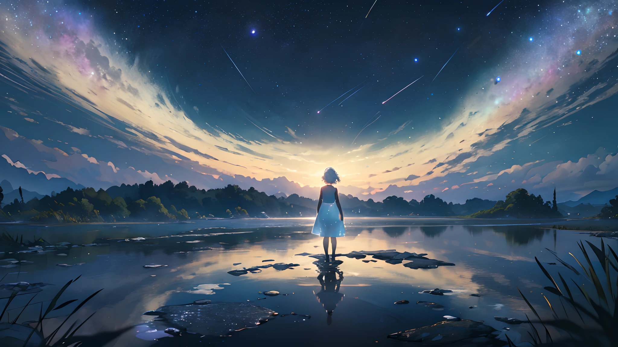 (Best quality), (masterpiece), (photorealistic), (realistic), ultra-detailed, unity 8k wallpaper, extremely detailed CG, ray tracking, sharp shadows, wonderful details, depth of field, Ultra detailed background, (background oriented, Horizon, reflection), starry sky twinkling in the fullness of the sky, Lots of water bubbles floating around. quiet night, midnight, wide shot, shot from the grand, back shot, from below, perfect lighting, panoramic view, dynamic shot, (1 girl, green short hair, white Slip Dress, standing):0.8, standing water's surface, Full body, distant view, face not visible, looking far away, nature spreading out, no civilization in sight, no buildings,