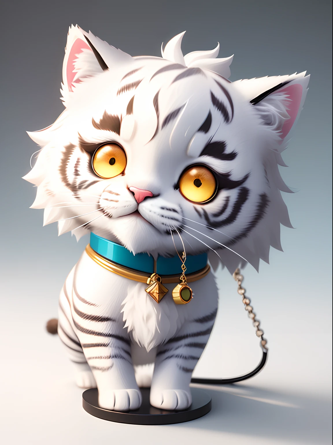 cute tiny hyperrealistic white tiger with different color eyes waring a necklace, Chibi, adorable and fluffy, logo design, cartoon, cinematic lighting effect, charming, 3D vector art, cute and quirky, fantasy art, bokeh, hand-drawn, digital painting, soft lighting, isometric style, 4K resolution, photorealistic rendering, highly detailed clean, vector image, photorealistic masterpiece, professional photography, simple space backdrop, flat white background, isometric, vibrant vector