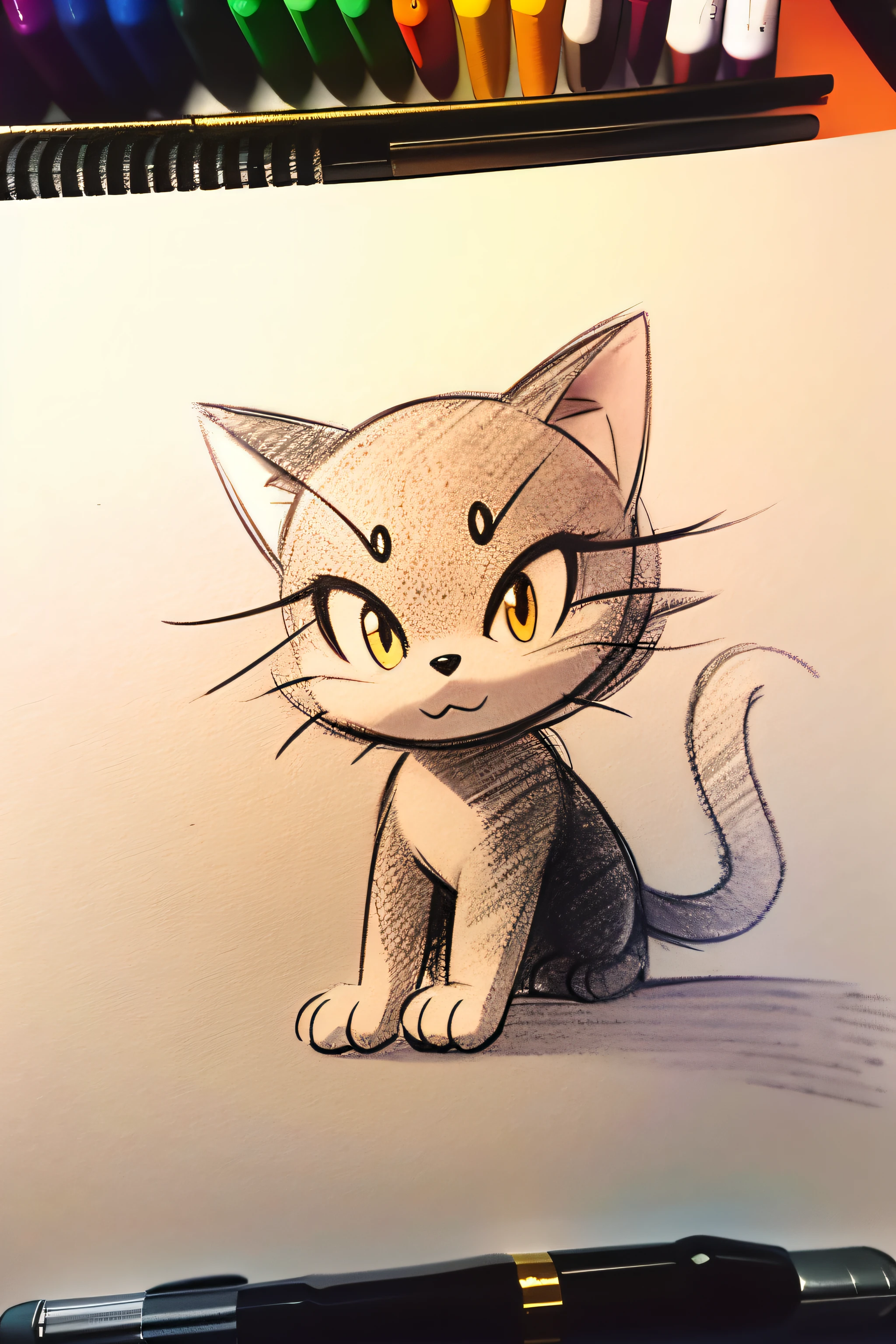 On a piece of paper there is a drawing of a cat, loose pencil sketch, a pencil sketch, animal drawing, pencil art on paper,