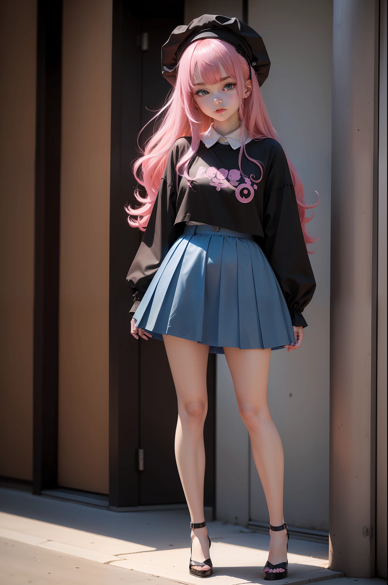 Three-ten-thousandths are pink hair, and two-fifths are pink hair,Blue-pink eyes,Short skirts and shirts in powder, blue, white and black,Blue camera in hand,Height 168 cm,Wear black-brown heels on your feet,Middle tube,Playful and cute young woman