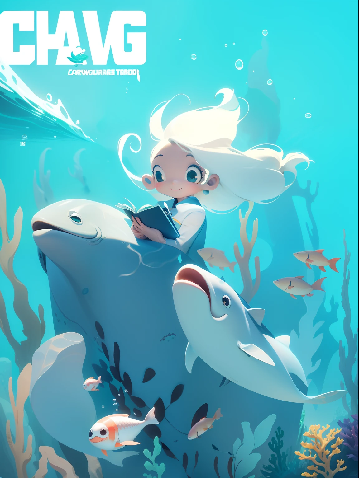 Close-up of seaweed area cartoon characters,2d matte illustration,Cartoony,"Protecting the Sea World" theme,Maximalism,Super cute style,Graphic design,Beautiful underwater world