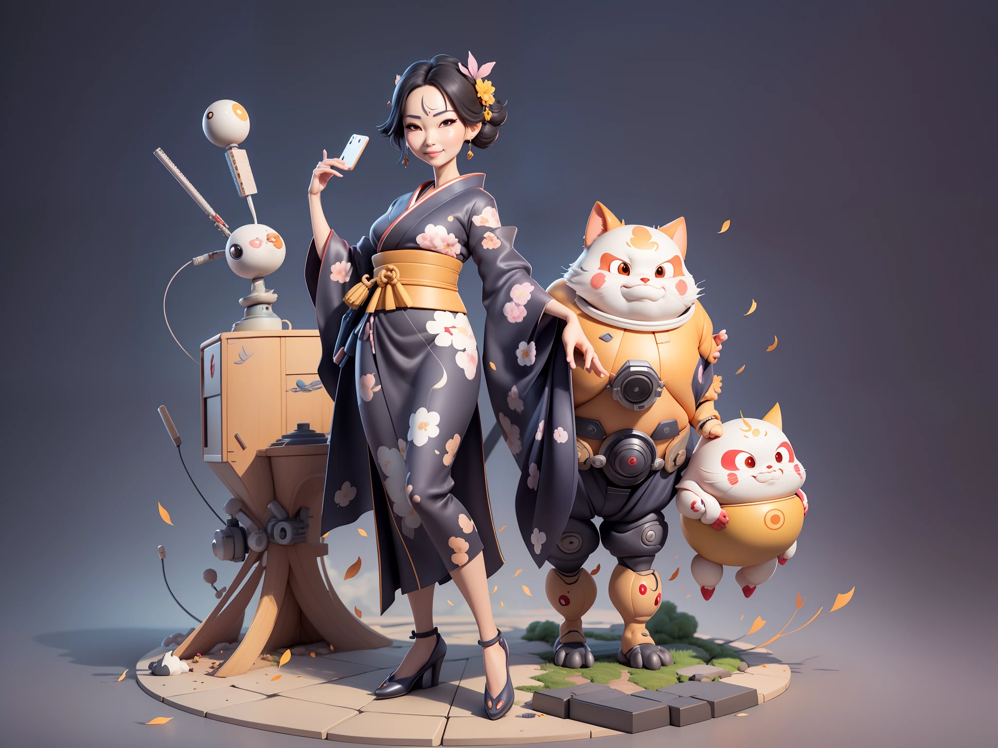 (Masterpiece), (Excellent), (Super Meticulous), (Full Body: 1.2), Super Beautiful Woman, Japanese Female in stunning kimono, Beautiful, Sakura leaves pattern, Sexy, Bursting, (mature face:1.4), Oriental Face, TV Anchor, Bust Portrait Illustration, Alone, Black Suit, Blue Tie, Slightly Chubby Face, Very Clean Face, No Beard, Black Super Short Hair, Black Eyes, Confident Smile, 3c Computer Sub-Products, iPad, iPhone, Digital Painting, 3D Character Design by Mark Clairen and Pixar and Hayao Miyazaki and Akira Toriyama, The illustration is a high-definition illustration in 4K resolution with very detailed facial features and cartoon-style visuals.