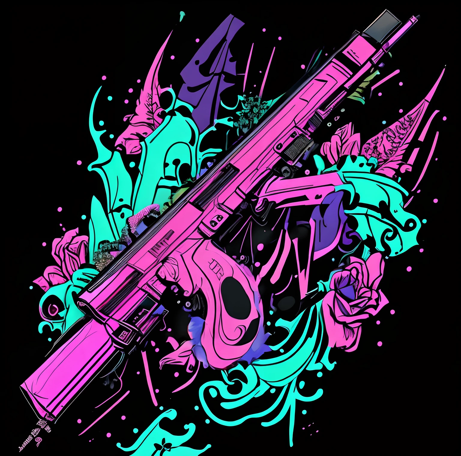 Um close up de um AK rosa - rifle 47 com rosas azuis, close up armas e rosas, Obra-prima estilo Vaporwave, Arte Vaporwave, Vaporwave Maximalista, vaporwave aesthetics, floralpunk, vaporwave desenho animado, Estilo Vaporwave, nostalgia vaporwave, blacklight aesthetic, hip hop vaporwave, vaporwave aesthetics, Maximalismo maximalista Vaporwave