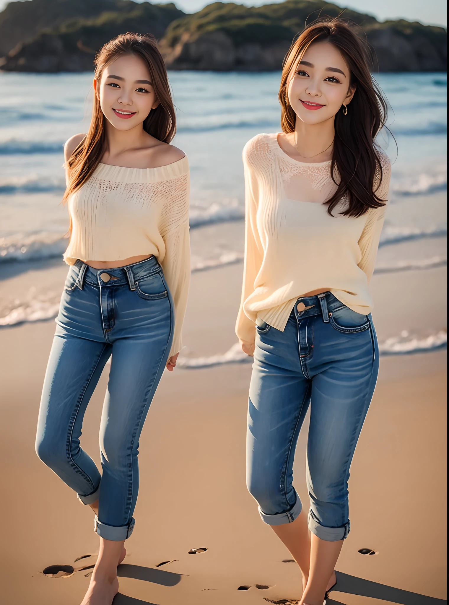 Woman in jeans on the beach,Dancing sexy,Full body shooting:1.8(RAW photogr,超高分辨率,8K,HD,tmasterpiece,best qualtiy),Complicated details, 20-year-old Asian woman,Wear a tight cropped undershirt(Slim,Fit snugly to the body)and trendy jeans with open navels,Realistic and detailed costumes,Detailed beach,A sweet smile appeared on the little face,The face is white and tender,skin lightening,Ultra-realistic facial details,Beautiful accessories,Playful and coquettish pose,The calves are straight and slender:1.5,Wear high-end branded travel shoes:1.5,eventide,warm color,Broad lighting,naturalshadow,taking a full body photo:1.8
