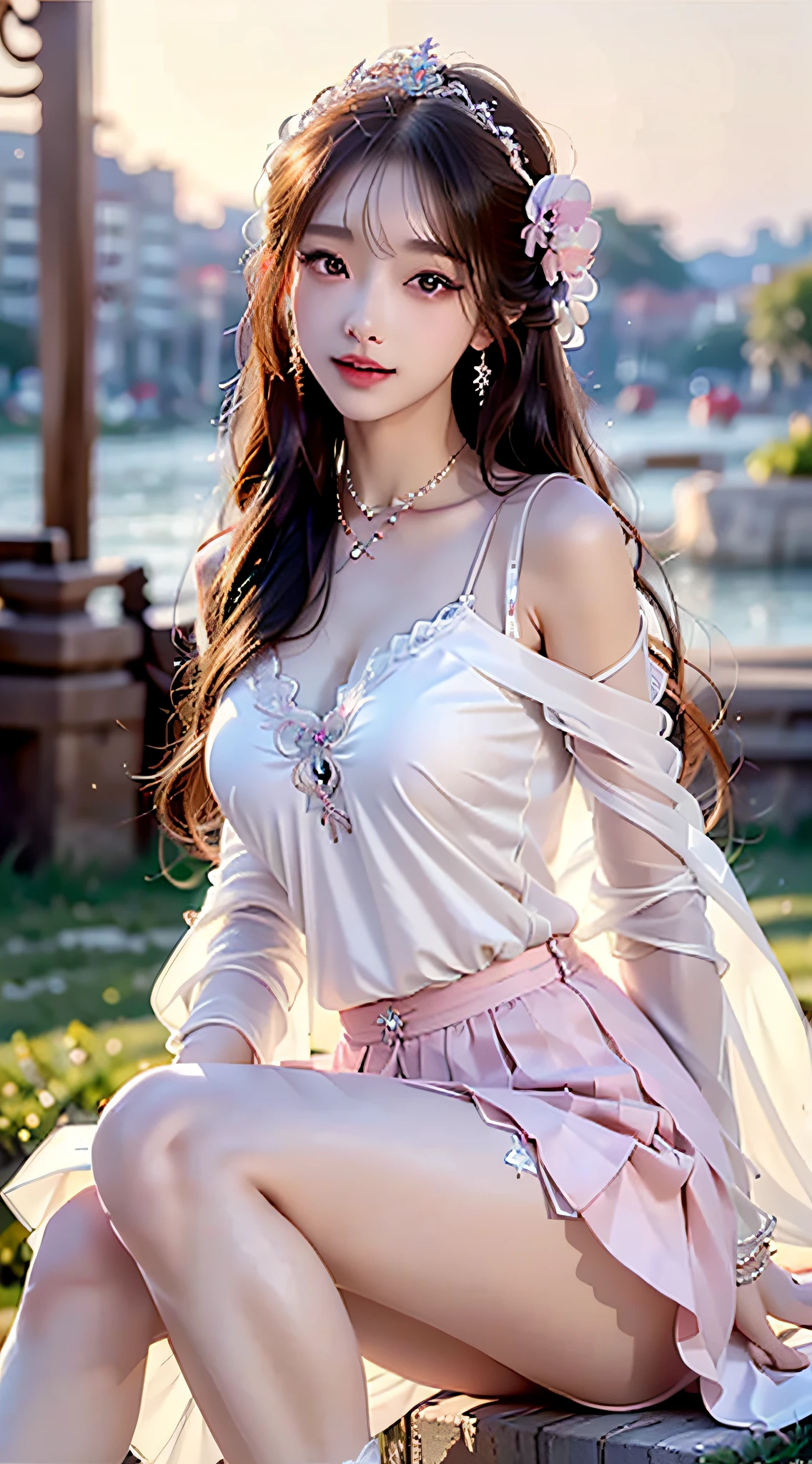 outfit-kokomi, white shorts, white thighhighs, detached sleeves, frills, bow, navel(quality improvement:1.4),1girl, Full breasts,Visible cleavage,Sexy long legs,The skirt is short,She gently lifted her skirt with one hand,Surrounded by white Phalaenopsis orchids,Lilac dendrobium、White Lily, Flying petals,(Top quality leather), Delicate face,Black Hair, Gradient hair, Body,(Body1.1), He has a precious gem on his forehead., Shining Student,Long eyelashes,Smile, Surrealism, Movie Lighting, Projection Insertion, Surrealism, Ultra HD, masterpiece,lie,Keep dreaming,Open your legs slightly.,Tattoo,Fantasy Space,Luxurious space,Exquisite makeup,Blush,Shy expression