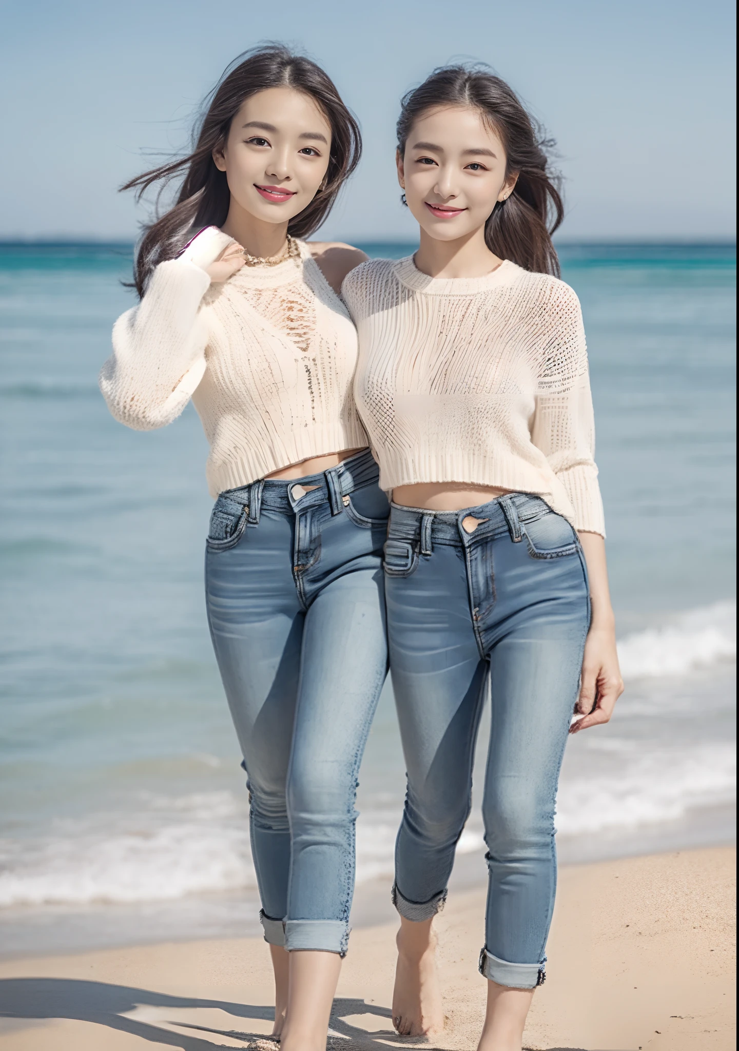 Woman in jeans on the beach,Dancing sexy,Full body shooting:1.8(RAW photogr,超高分辨率,8K,HD,tmasterpiece,best qualtiy),Complicated details, 20 years old Asian woman,Wear a cropped skinny sweater for women(Slim fit,Fit snugly to the body)and trendy jeans with open navels,Realistic and detailed costumes,Detailed beach,A sweet smile appeared on the little face,The face is white and tender,skin lightening,Ultra-realistic facial details,Beautiful accessories,Playful and coquettish pose,The calves are straight and slender:1.5,Wear high-end branded travel shoes:1.5,eventide,warm color,Broad lighting,naturalshadow,taking a full body photo:1.8