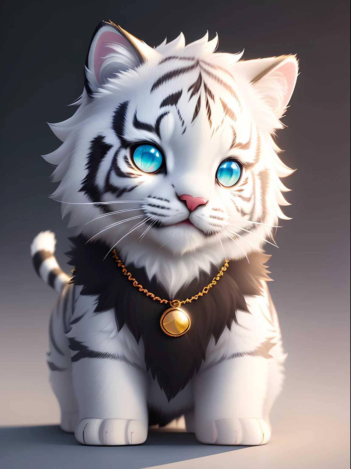 cute tiny  hyperrealistic white tiger with different color eyes waring a necklace, Chibi, adorable and fluffy, logo design, cartoon, cinematic lighting effect, charming, 3D vector art, cute and quirky, fantasy art, bokeh, hand-drawn, digital painting, soft lighting, isometric style, 4K resolution, photorealistic rendering, highly detailed clean, vector image, photorealistic masterpiece, professional photography, simple space backdrop, flat white background, isometric, vibrant vector