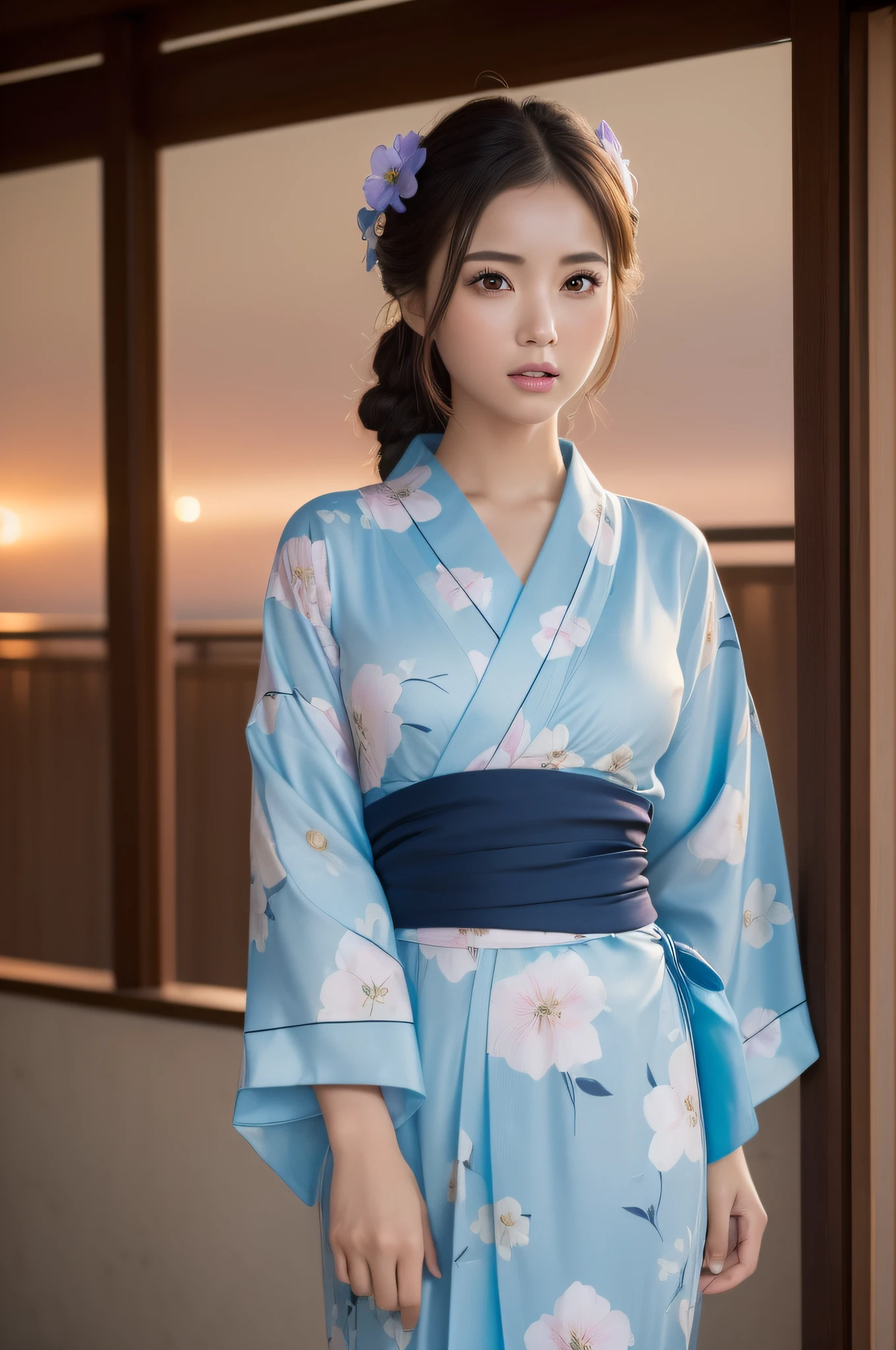 (masutepiece, Best Quality:1.4), Beautiful face, 8K, 85 mm, absurderes, (floral pattern yukata:1.4), close up of face, violaceaess, gardeniass, Delicate girl, Solo, Night, Looking at Viewer, Upper body, Film grain, chromatic abberation, Sharp Focus, face lights, Professional Lighting, Sophisticated, (Smile:0.4), (Simple background, Bokeh background:1.2), Detail Face