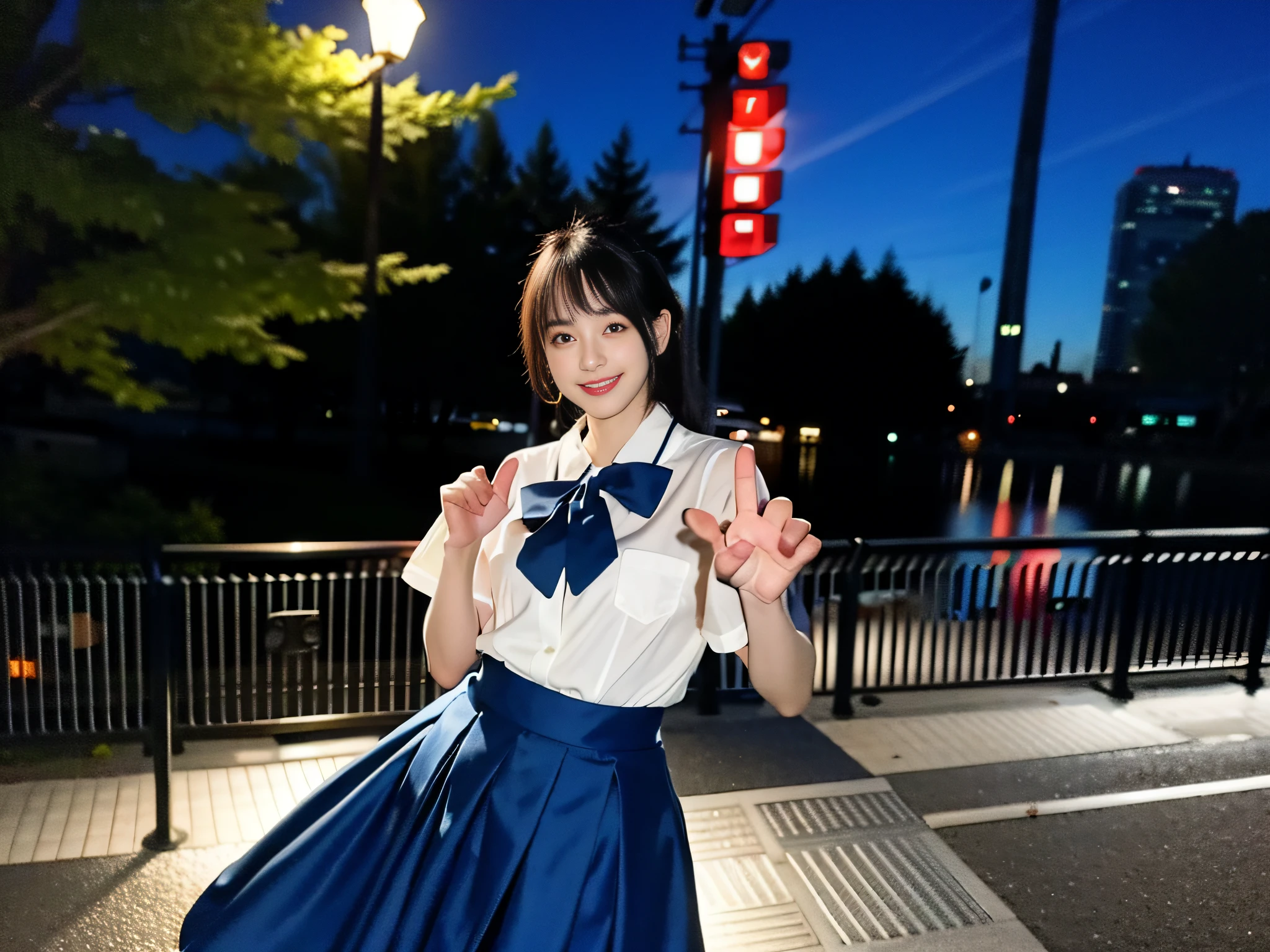 (8k, RAW photo, best quality, masterpiece:1.3),(realistic,photo-realistic:1.37),(night),(looking at viewer:1.331),(white hair),posing,Tokyo street,nightcityscape, cyberpunk city,soft light,1girl,extremely beautiful face,bust,put down hands,Random hairstyle,Random expression,big eyes, ,lower abdomen,(short-sleeved
JK_shirt),JK_style,(dark blue JK_skirt) ,(bow JK_tie),mix4