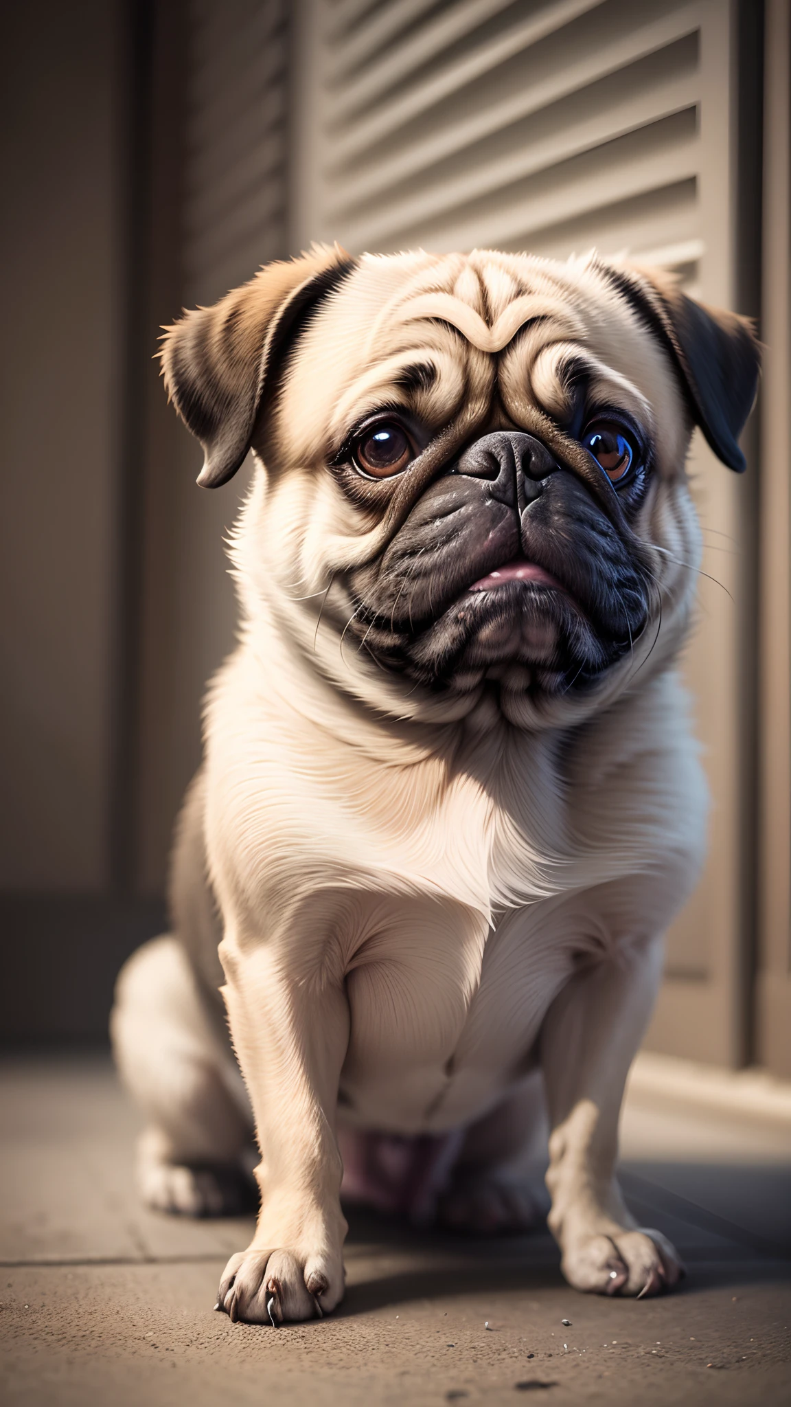 anthropomorphic pug dog, lightroom, cinematic, HDR, raw, intricate, high quality, soft tones, intricate details, low contrast