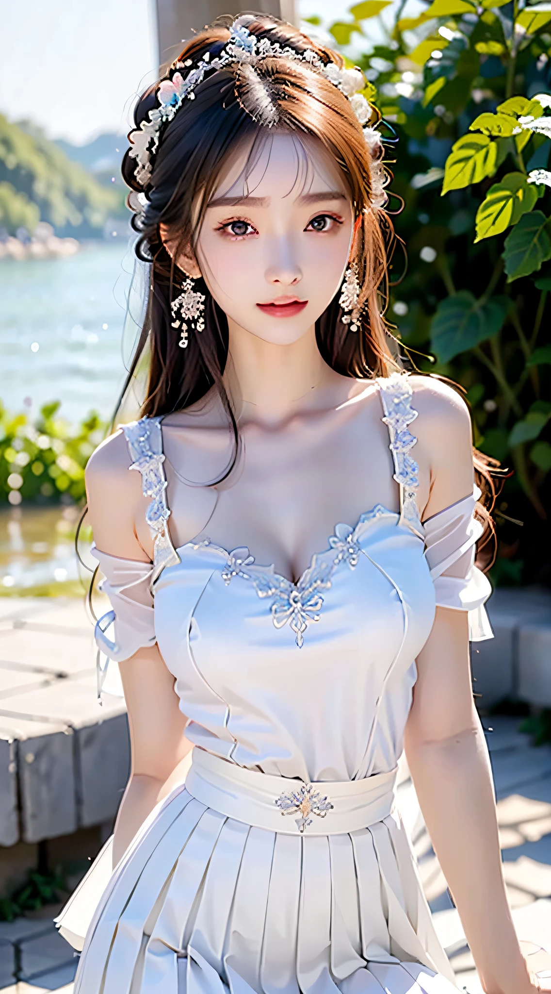 best qualtiy，tmasterpiece，超高分辨率，（真实感：1.4），RAW photogr，cold light，1girll，(Close-up of the upper body，closeup of face), Nice face，(slim，Raised sexy)，ssmile，cabelos preto e longos，hair adornments，(slender leg，Cross ed leg), (White color blouse，Pink pleated skirt)，Beautiful teenage girl，Beautiful goddess，Detailed scenes, Picturesque, Beautiful teenage girl，Beautiful goddess，Detailed scenes, Beautiful digital illustration, the detail，Hyper-detailed, Cinematic quality, (Beauty and aesthetics，big breasts beautiful)