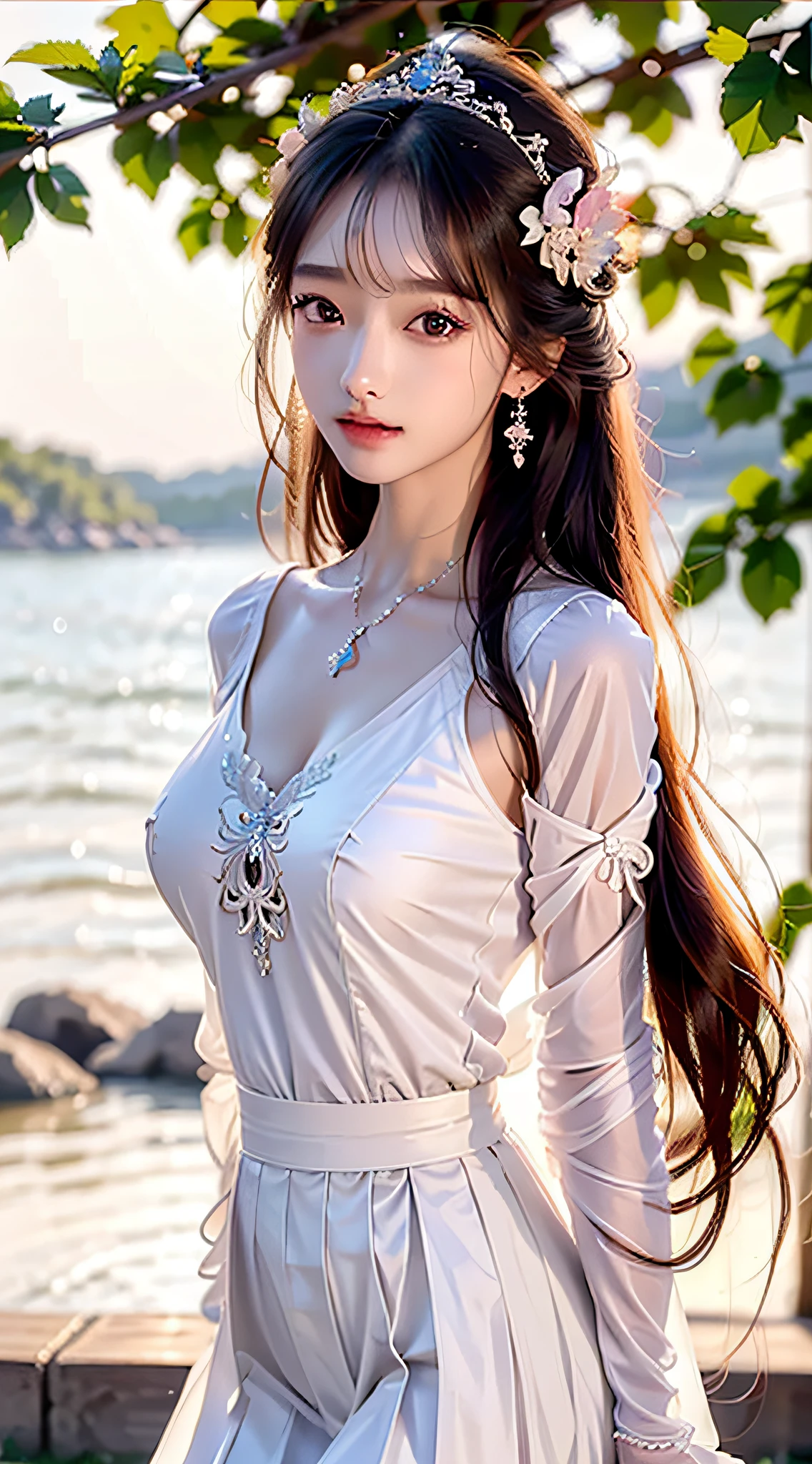 best qualtiy,tmasterpiece,超高分辨率,(真实感:1.4),RAW photogr,cold light,1girll,(Close-up of the upper body,closeup of face), Nice face,(slim,Raised sexy),ssmile,cabelos preto e longos,hair adornments,(slender leg,Cross ed leg), (White color blouse,Pink pleated skirt),Beautiful age girl,Beautiful goddess,Detailed scenes, Picturesque, Beautiful teengirl,Beautiful goddess,Detailed scenes, Beautiful digital illustration, the detail,Hyper-detailed, Cinematic quality, (Beauty and aesthetics,big breasts beautiful)
