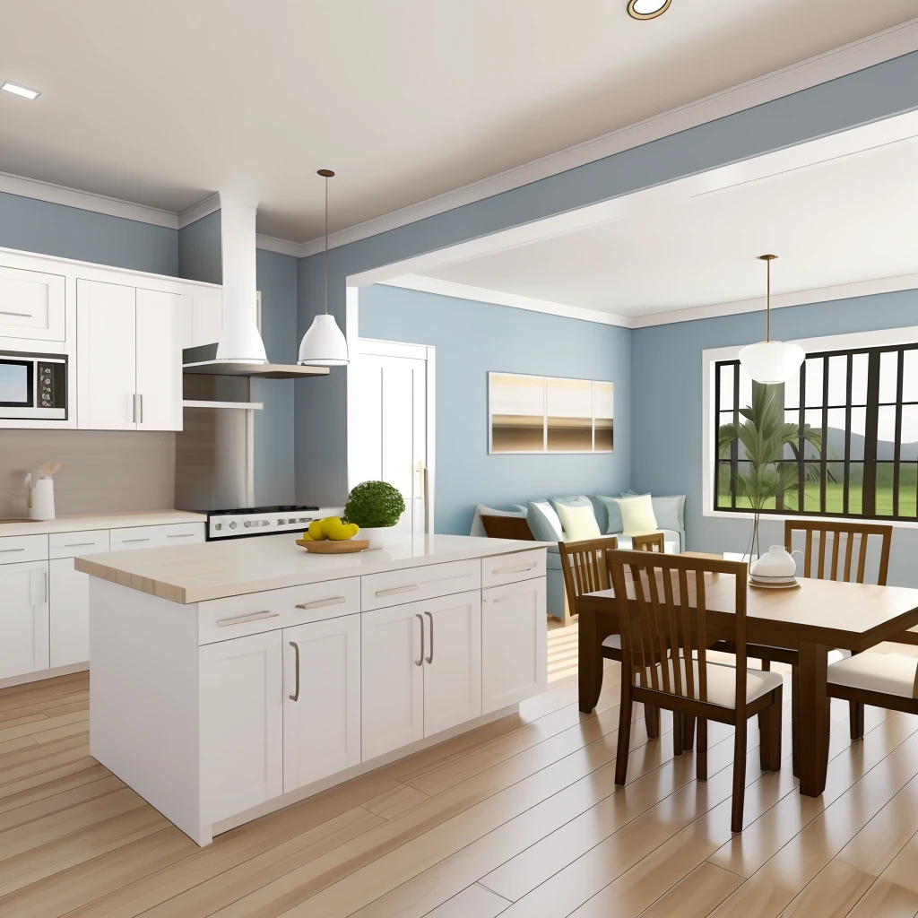 Interior 3d rendering coast style, There are white walls, Where the ceiling is curved, Kitchen with base cabinet only, Light wood color cabinetry. There is also a kitchen island with a golden tap,In front is a large white table,There are shabby chairs on it,There are two black bowls on top。. The sun is about to rise