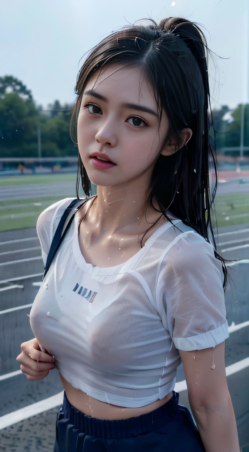 ((japanese pretty girl:1.3)) ((rainy:1.5)) (navy school bloomers:1.4), thin_fabric ((white short sleeves:1.2)) (( in the track and field:1.4)) (( breasts:1.4)) ((sweaty:1.5)) ((after sex:1.2)) ((blushing:1.3)) ((face is wet:1.3)) ((:1.4)) ((clothes are wet:1.4)) ((lying:1.5)) ((close-up:1.2)) best quality,masterpiece,ultra high res,(photorealistic:1.4),raw photo,(Authentic skin texture:1.3),(film grain:1.3),panorama,character portrait,very wide shot,narrow waist,cowboy shot,(in the dark, deep shadow, low key, cold light,) night,(()),streaming tears,,dust,Tyndall effect,(expression),1girl,beautiful detailed eyes and face,white jabot,brown eyes,((brown hair:1.2)) ((long hair))