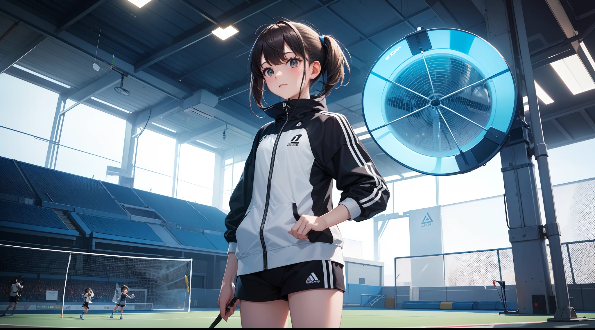 It's a sci-fi world，In an open-air badminton arena, drones flew over it，There is a little girl holding a badminton racket in the badminton court，This racket is very technological，A portal appeared ahead