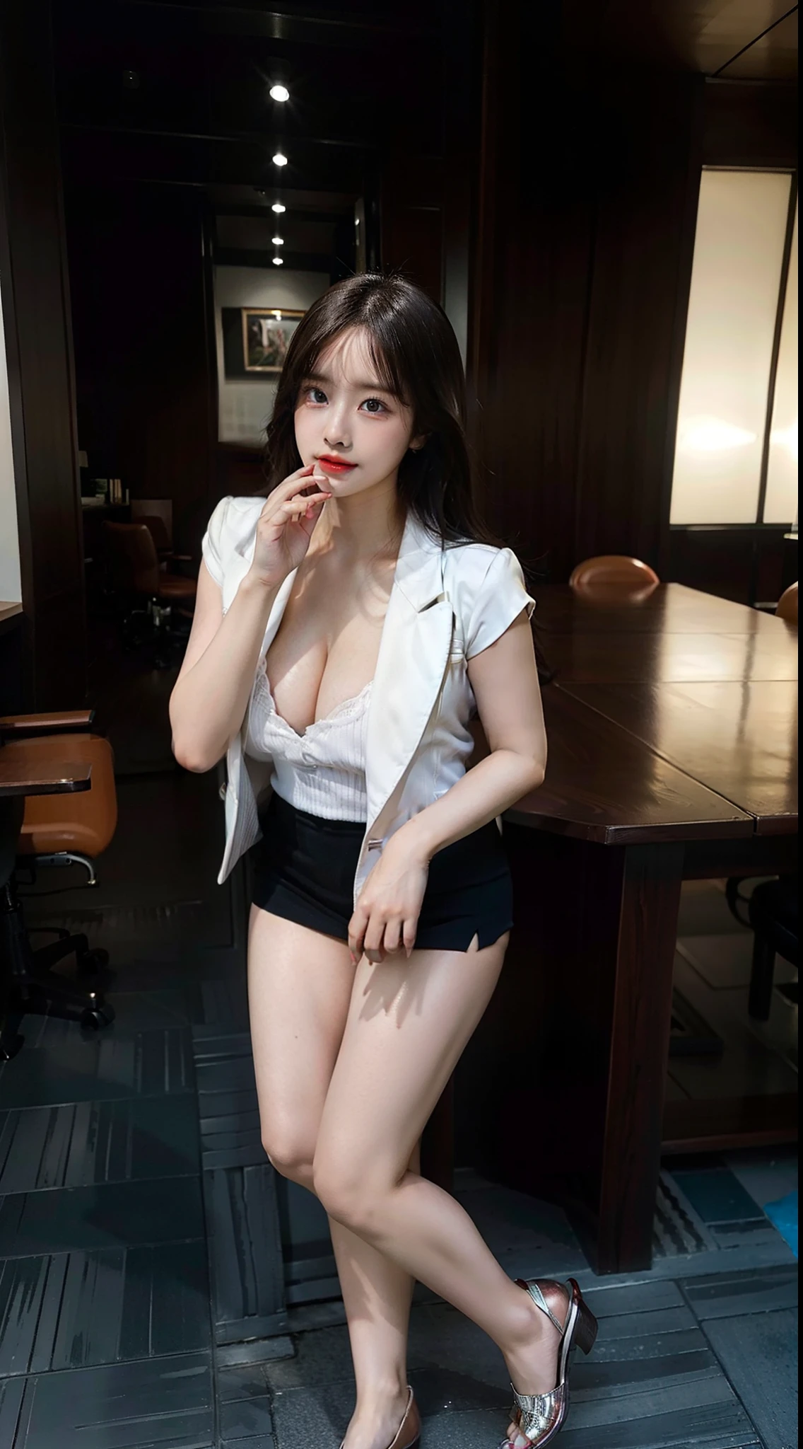 masutepiece, Best Quality, Ultra-detailed, Unity 8k壁纸, super detailed skin, Perfect Anatomy, Detailed, Dynamic lighting, 1girl in, voluptuous woman, Full body, gals, Business suits、skirt by the、Shiny hair, Beautiful eyes, looking through legs, stick out buttocks,Stick out the tongue, covered erectile , eyeshadows, huge-breasted, cleavage, gleaming skin, Overexposed,through, Pubic hair, Line, s Office,natta,Photorealistic