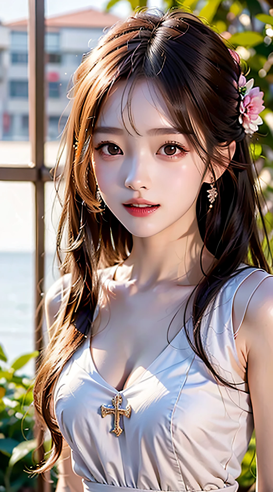 best qualtiy,tmasterpiece,超高分辨率,(真实感:1.4),RAW photogr,cold light,1girll,(Close-up of the upper body,closeup of face), Nice face,(slim,Raised sexy),ssmile,cabelos preto e longos,hair adornments,(slender leg,Cross ed leg), (White color blouse,Pink pleated skirt),Beautiful age girl,Beautiful goddess,Detailed scenes, Picturesque, Beautiful teengirl,Beautiful goddess,Detailed scenes, Beautiful digital illustration, the detail,Hyper-detailed, Cinematic quality, (Beauty and aesthetics,big breasts beautiful)