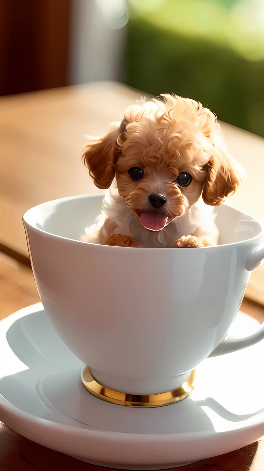 Toy poodle in white, (((((small)))), in a teacup, showing face, sticking out tongue, sticking out of the paw, 8k, professional photo, delicate, clear, on the table, in the house, sunshine, light leak, masterpiece, ((pretty)))), stylish teacup, (reality)))), mokomoko