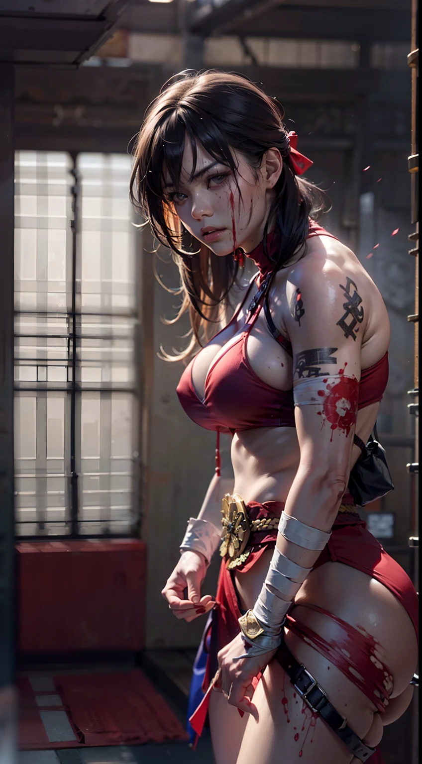 A Japanese woman who kills without blinking at a martial arts gym，barechested，Tattoo exposure，Japan Female Samurai，He was bandaged，angry look，Mixed Korean，The background is blurred out，focal，电影灯光，(((tmasterpiece))), ((best qualtiy)), ((Complex and detailed)), ((ultra-realistic realism)), Ridiculous resolution, A MILF, Mature woman, ssee-through, highly  detailed, illustratio, 1girll, (huge tit), Thin waist and thick hips，long leges，beatiful detailed eyes, short detailed hair, brunette color hair, a purple eye, The movie killed Billy's character，Blood stained the martial arts hall red，The body was splattered with blood，The ground was covered with corpses，Hands clenched into fists，Put on a fighting move，fightingpose，kung fu pose，fights，wrestle，Scarred figure，Bloody violence，Sexy and feminine，（No underwear），pantiess, detailed back ground, perfect  eyes, Seductive eye, looking at viewert，Wear light，