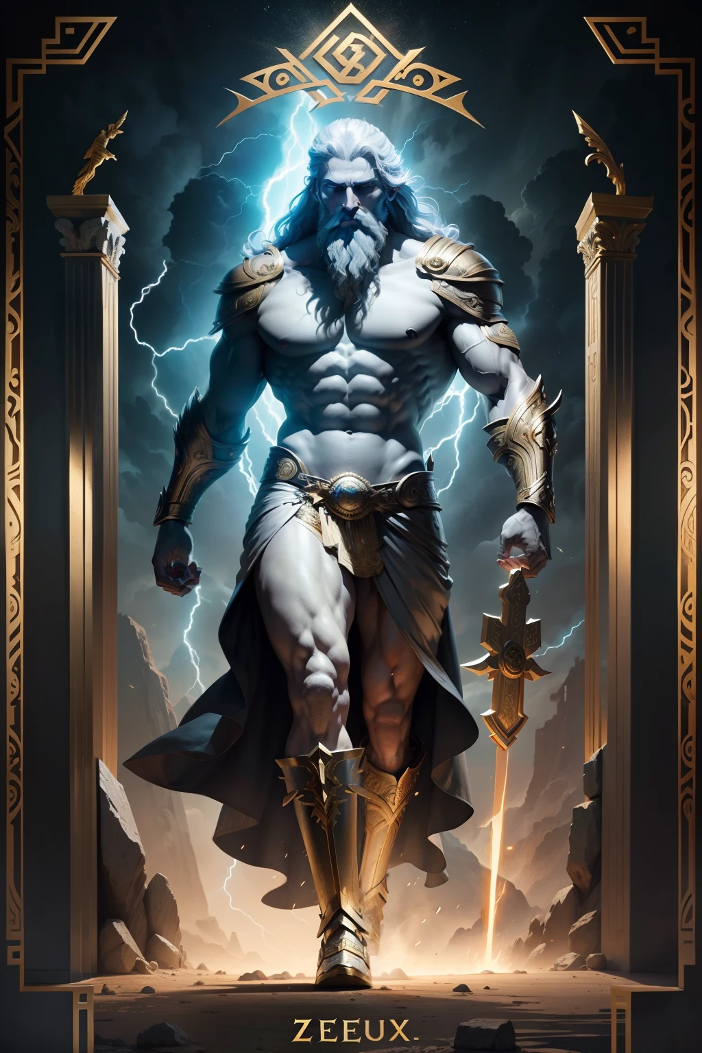 "A god with lightning and an Aegis，Zeus, Majestic king of the gods，Zeus in ancient Greek mythology，king of the gods，style de carte de tarot，Solid color tones，Flat dark wind"