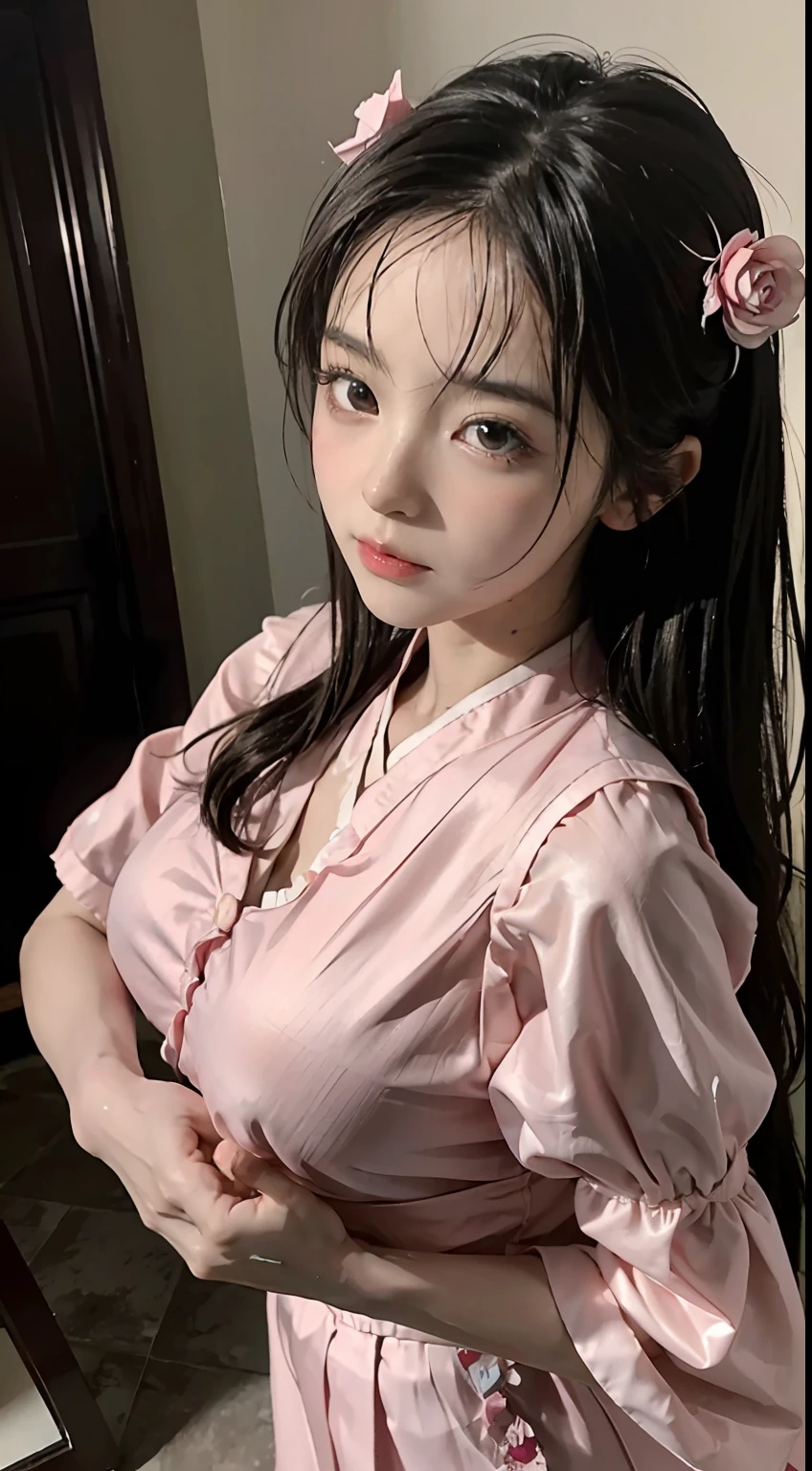 Master quality, highest quality, best picture quality, exaggerated details, a cute 8 year old asian little girl with a shy expression,a close up of a woman in a maid outfit posing for a picture, anime girl in real life, anime girl cosplay, gorgeous maid, anime girl in a maid costume, seductive anime girl, cute anime waifu in a nice dress, attractive anime girl, loli in dress, pretty anime girl, small curvy loli, beautiful anime girl, anime cosplay, perfect android girl slightly squinted eyes, adjusting her hair, long eyelashes (long hair / very, very exaggerated big breasts and tits , posing   in front of the camera, wet breast under wear,  wet breast hanfu open v chest clothes, full body xianxia, accessory diamond detail, erotic, flower detail