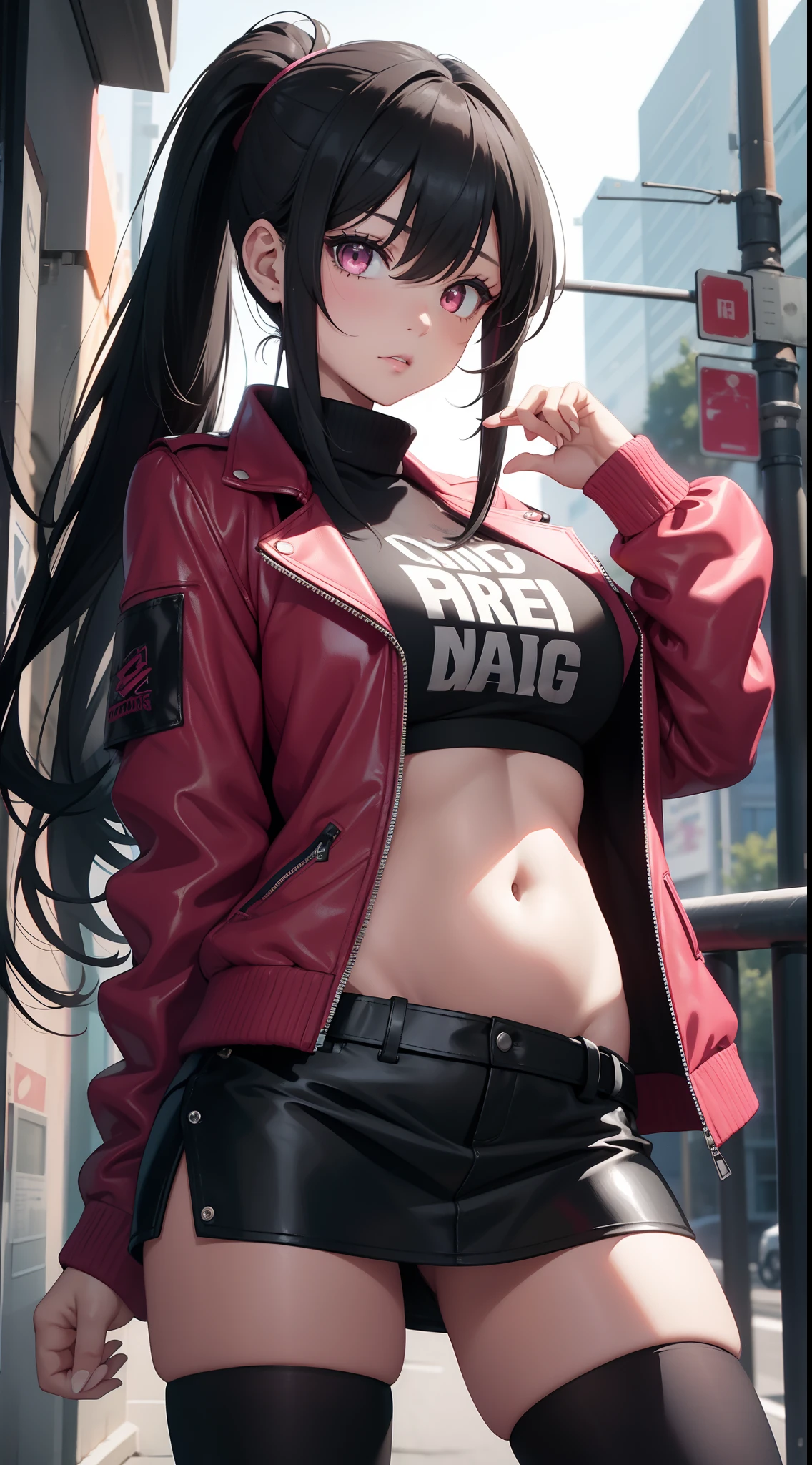 a beautiful woman, (black hair and white highlights), red t-shirt, big breasts, leather pants, leather jacket, whole body, sexy pose