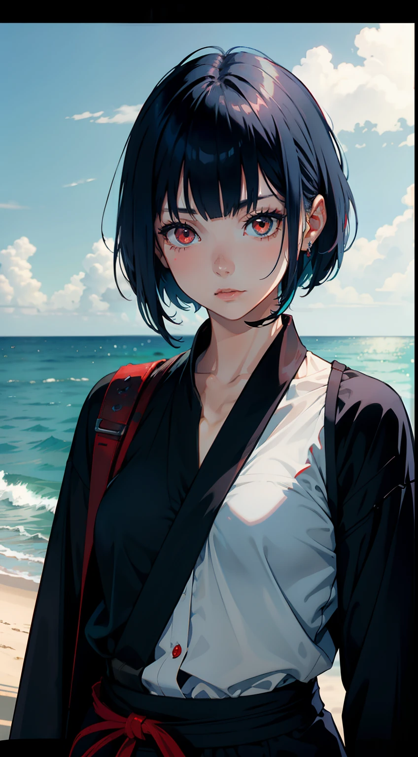 Girl with short ocean-blue hair with bangs and red eyes wearing black wrapping holding a katana