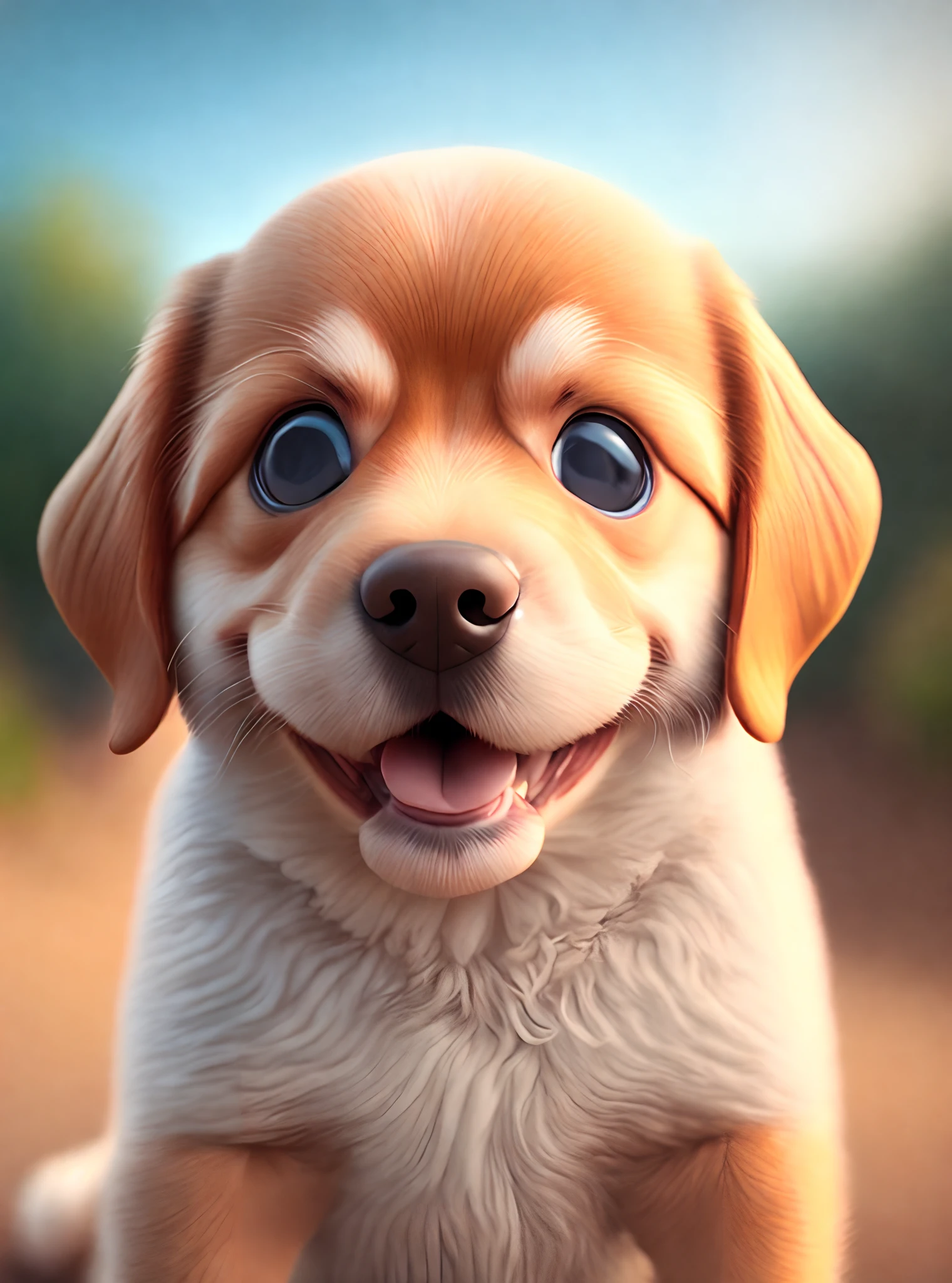 one happy cute baby dog, portrait, outdoors, background space, toon, pixar style, 3d, cartoon, detailed face, asymmetric, upper body