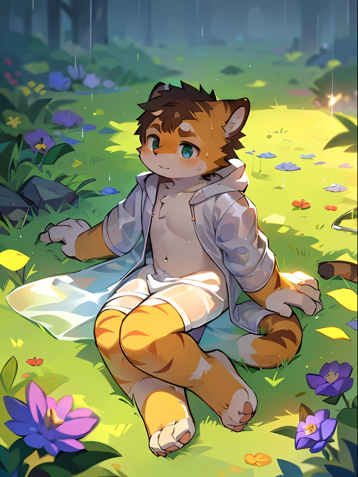 Masterpiece, Best quality, Perfect anatomy, Watery eyes, author：Milk Tiger 1145, author：K0bit0wani, Furry, coyote, (Phyllis:0.3), Muscular male, Solo, wears, baggy clothes, wet fur, (Translucent raincoat:1.1), (holding flower:1.1), Lying, bird's eyes view, Grass, rain, Eau, Rained，((Boy，Shota))