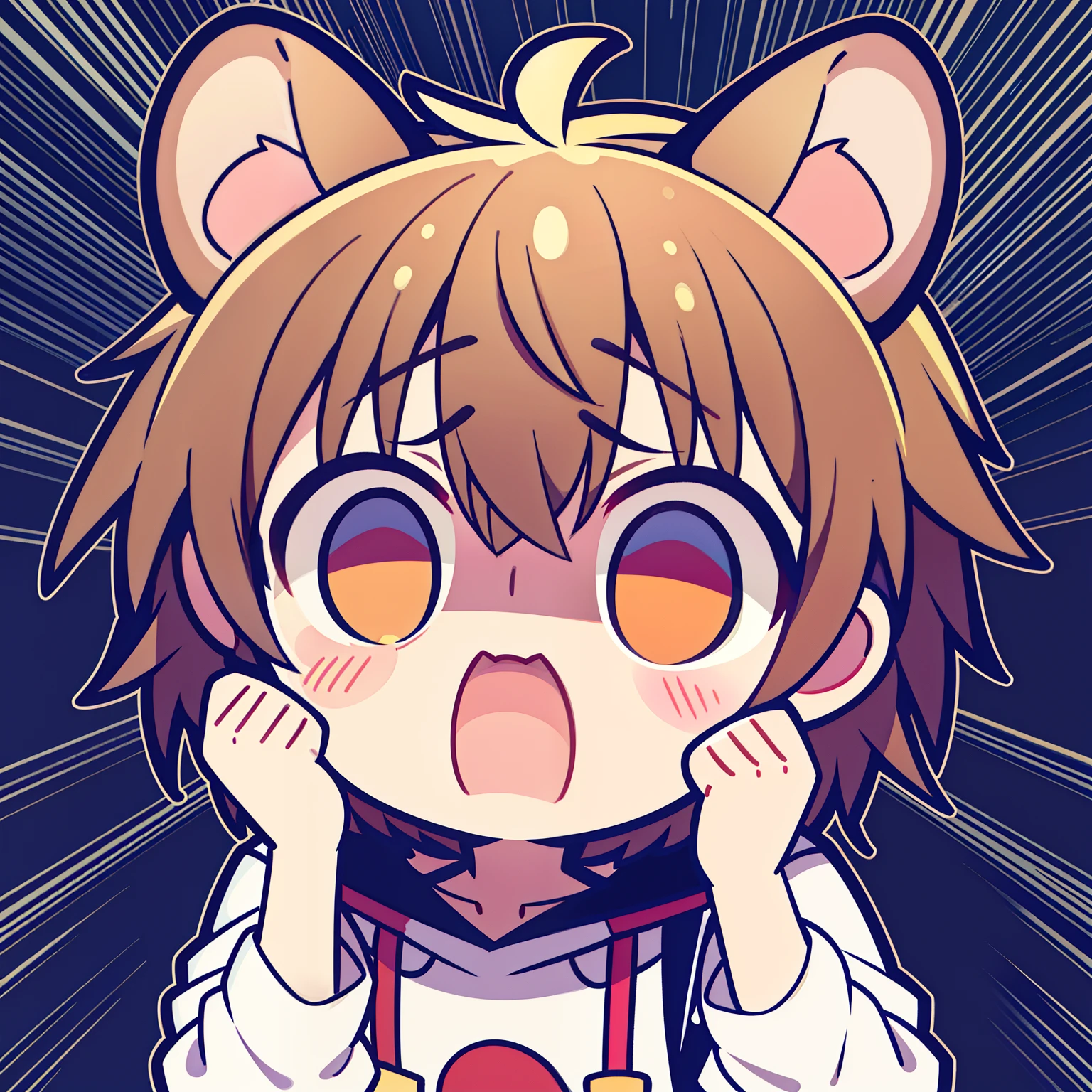 A young boy with,Two hamster ears on the head,scared expression,horrified expression