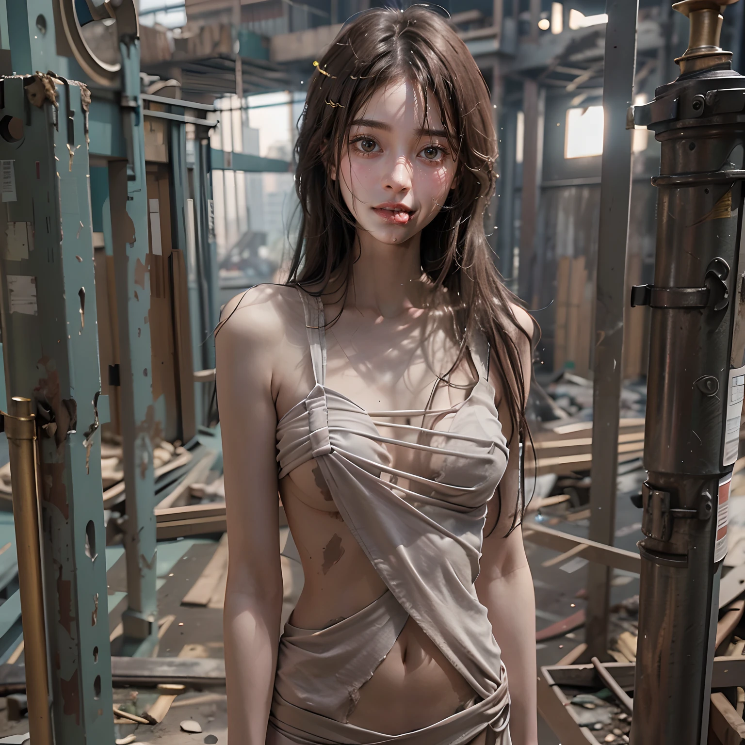 Abandoned construction sites，Sexy standing pose，(Full body portrait 1:1），Slender and slender figure，Skinny，As thin as a whipping post，Smaller bust，The barefoot，(Random nudity all over the body)，exhibitionists，(Random exposure of genitals)，face to the viewer