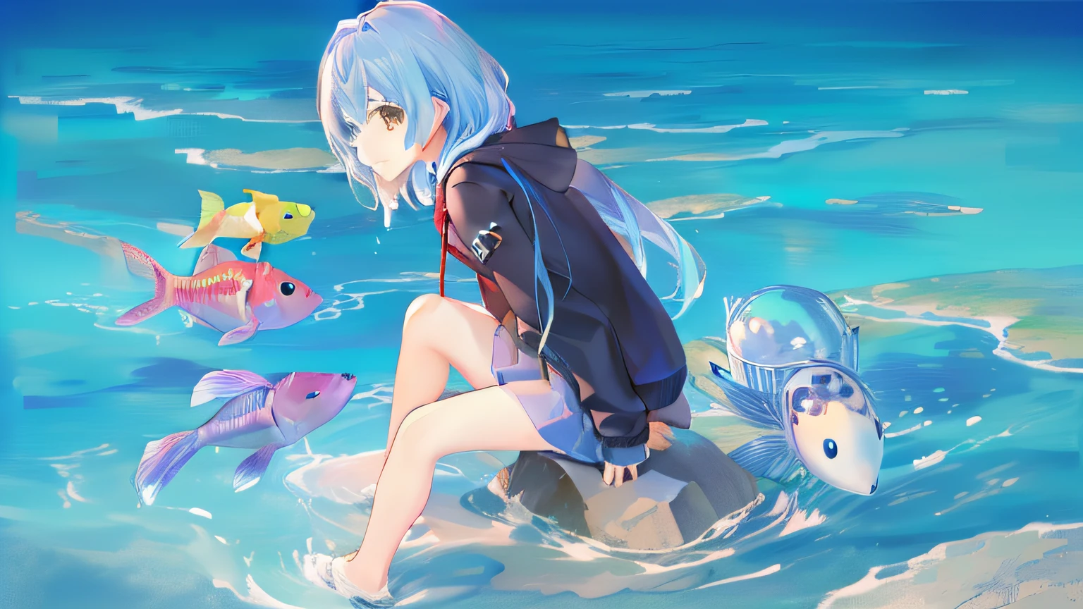 Anime girl sitting on stone and fish in water, wallpaper anime blue water, Best Rated on pixiv, 2 d anime style, anime lush john 8k woods, author：Shitao, pixiv contest winner, Anime girl walking on water, Water type, pixiv 3dcg, zerochan art, Official artwork, offcial art, Rem Rezero