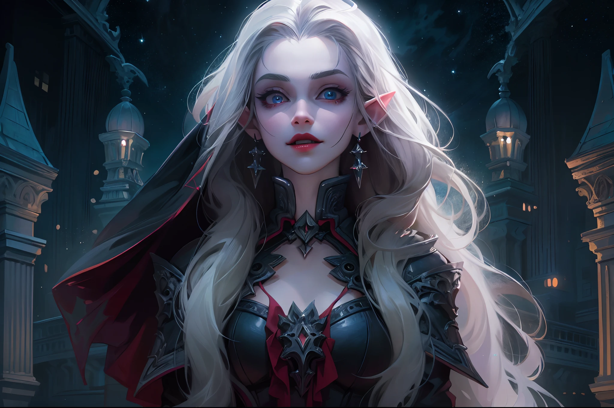 a picture of vampire elf in her castle, an exquisite beautiful female vampire elf standing under the night sky , full body (ultra detailed, Masterpiece, best quality), ultra detailed face (ultra detailed, Masterpiece, best quality), grey skin, blond hair, wavy hair, blue eyes, cold eyes, glowing eyes, intense eyes,  small pointed ears, smirking, smile with [[drops of blood on face]] (ultra detailed, Masterpiece, best quality), dark red lips, [vampire fangs], wearing white dress (ultra detailed, Masterpiece, best quality), dark blue cloak, high heeled boots [[in starry night sky]], high details, best quality, 8k, [ultra detailed], masterpiece, best quality, (ultra detailed), full body, ultra wide shot, photorealism, Boris Valejo style, dark fantasy art, gothic art, many stars,  gothic art, sense of dread,