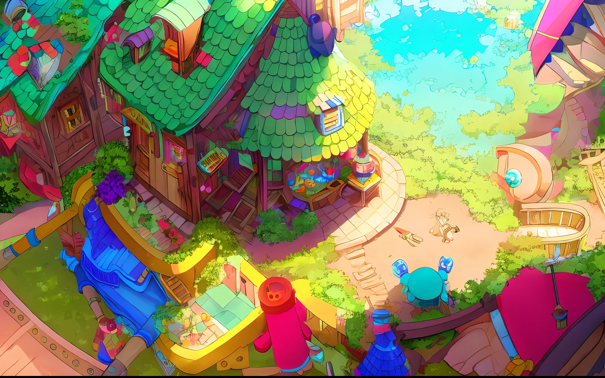 The color is bright,high saturated,forest town。