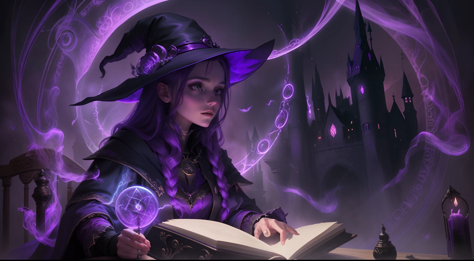Witch reading in dark room with purple light, sorcerer magic witch, female mage conjuring a spell, Fantasy art style, portrait of a mage, a young female wizard, fantasy mage, dark fantasy female magician, fantasy game spell, casting spells, spell casting wizard, pretty sorceress, portrait of a young witch girl, beautiful female witch