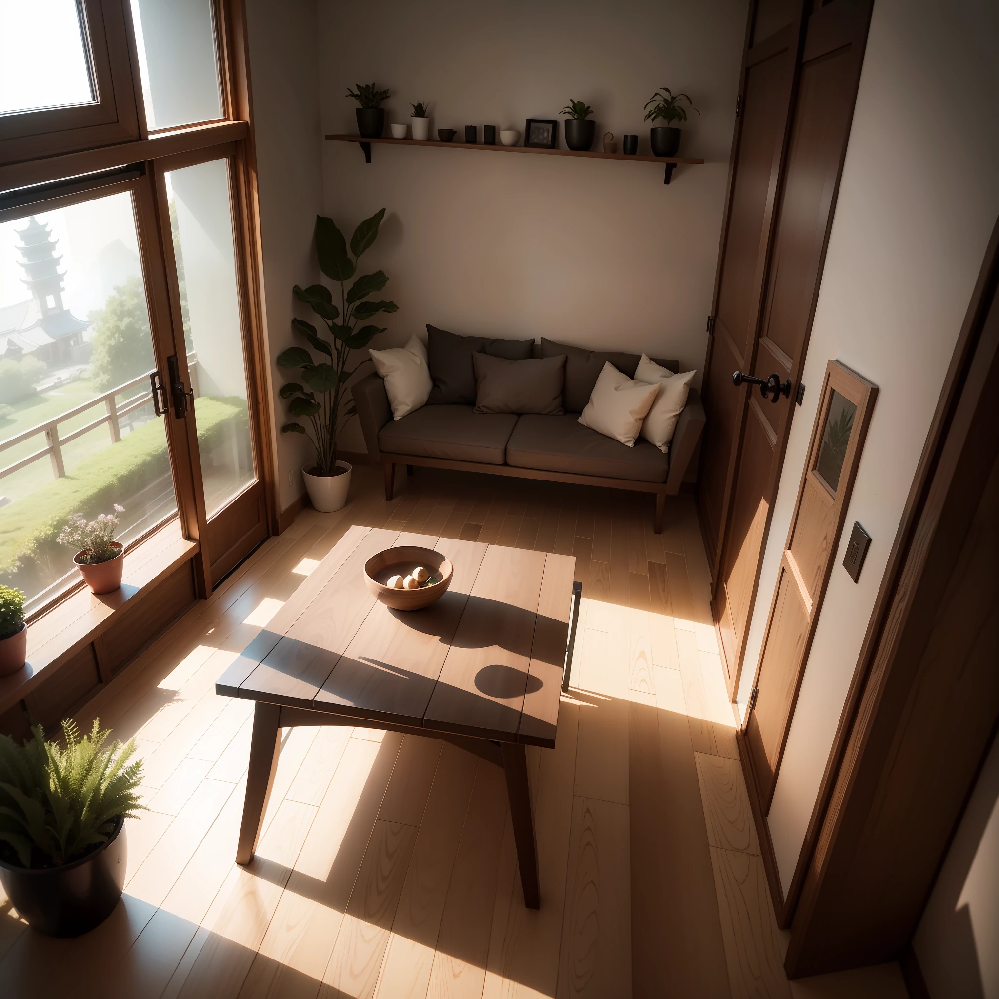 interior design、Insanely detailed wide-angle architectural photo、Cozy contemporary living room、(Bright and warm sunlight 1:0.1)、Award-winning contemporary interior design、landscapes、The table、a chair、in a house、Wooden flooring、window、resturant、east asian east asian architecture、sliding paper doors、abajour、architectural、the woods、naturey、cups、a plant、interior design、Insert lighting and shadows、depth of fields、low illuminance