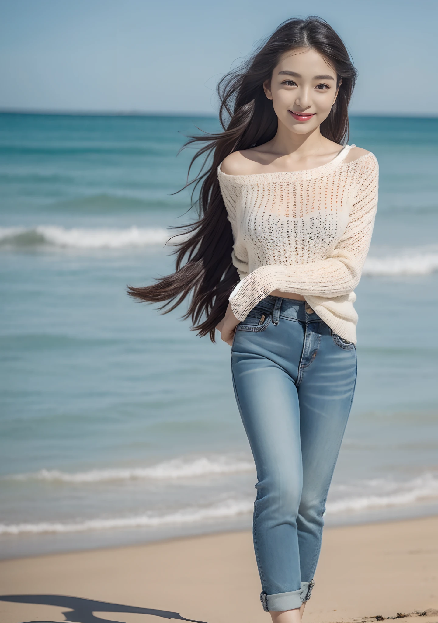 Woman in jeans on the beach,Dancing sexy,Full body shooting:1.8(RAW photogr,超高分辨率,8K,HD,tmasterpiece,best qualtiy),Complicated details, 20 years old Asian woman,Ladies wear cropped tight sweaters(Slim fit,Fit snugly to the body)and trendy jeans with open navels,Realistic and detailed costumes,Detailed beach,A sweet smile appeared on the little face,The face is white and tender,skin lightening,Ultra-realistic facial details,Beautiful accessories,Playful and coquettish pose,The calves are straight and slender:1.5,Wear high-end branded travel shoes:1.5,eventide,warm color,Broad lighting,naturalshadow,taking a full body photo:1.8