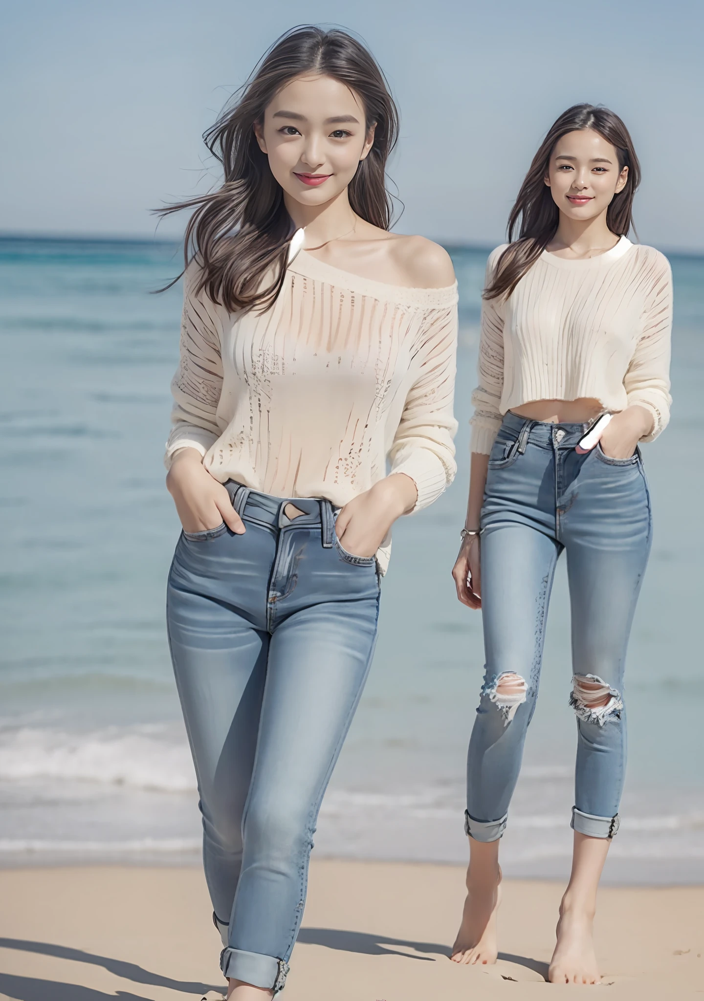 Woman in jeans on the beach，Dancing sexy，Full body shooting:1.8（RAW photogr，超高分辨率，8K,HD,tmasterpiece，best qualtiy），Complicated details， 20 years old Asian woman，Ladies wear cropped tight sweaters（Slim fit，Fit snugly to the body）and trendy jeans with open navels，Realistic and detailed costumes，Detailed beach，A sweet smile appeared on the little face，The face is white and tender，skin lightening，Ultra-realistic facial details，Beautiful accessories，Playful and coquettish pose，The calves are straight and slender:1.5，Wear high-end branded travel shoes:1.5，eventide，warm color，Broad lighting，naturalshadow，taking a full body photo:1.8