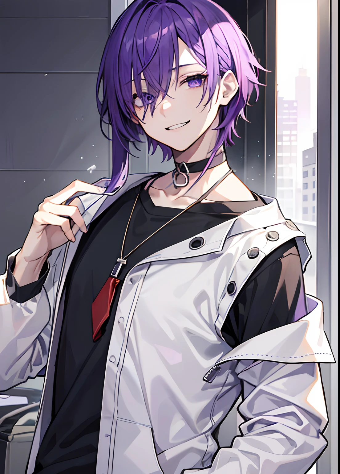 1guy, Handsome man,  Solo、Man with purple hair,up looking_で_viewer,  ((masutepiece,Best Quality)), Beautiful detailed eyes, beautifull detailed face、Purple eyes、Purple hair、Bangs that hide the right eye、One eye hides、logn hair、a cool、outer、twinks、Young man with purple hair、、gargantilha、Black collar、a choker、bandaged、Calm、Cool System、Soothing、The best smile、Black shirt、Loose tie、Black under the eyes、hide one eye