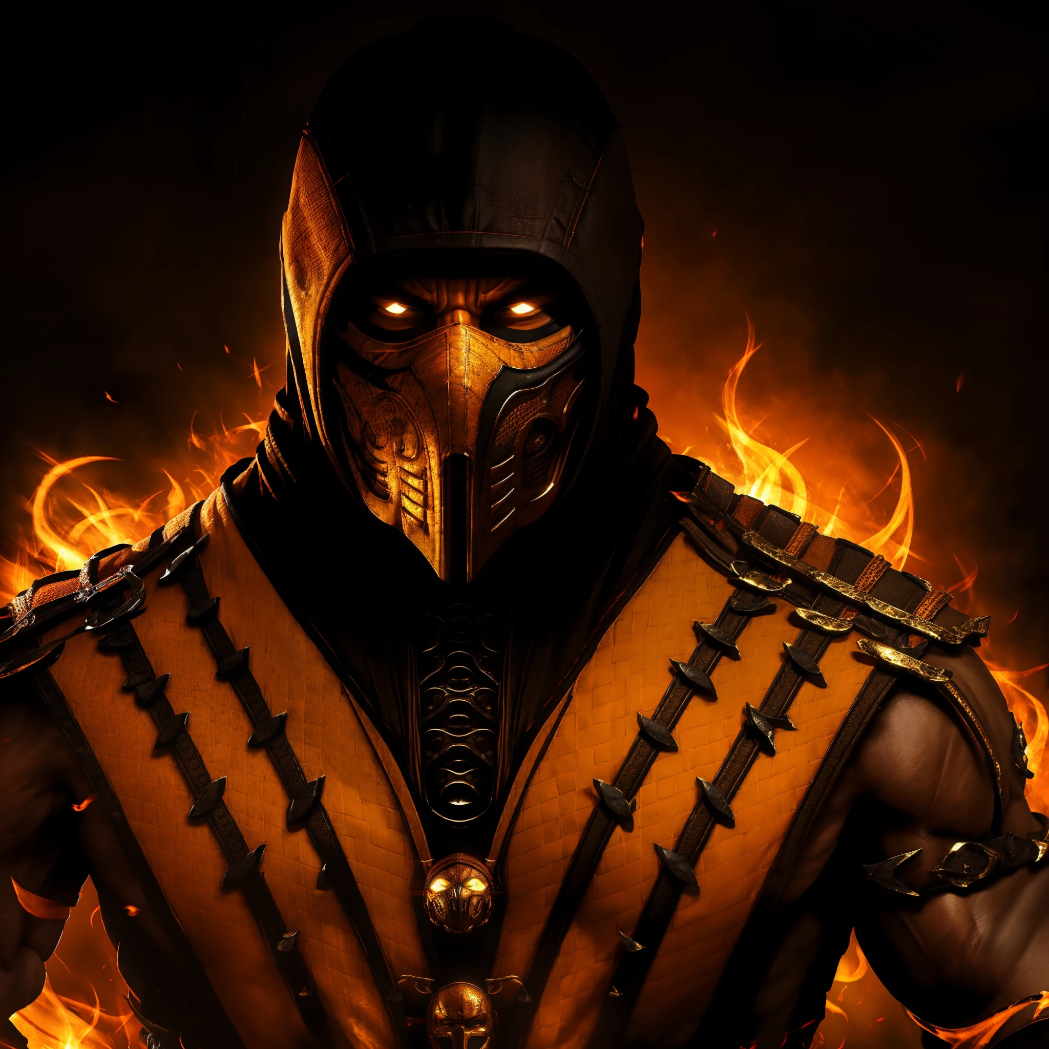 (8k wallpaper:1.2),(Ultra-high resolution:1.2),(masterpiece:1.1),wallpaper,High quality,masterpiece,(High detail),1man, scorpion, wearing a black and orange outfit, wearing a black and orange face mask, surrounded by the flames of hell, photorealistic, hyper detailed, extremely detailed, absolutely stunning art, wallpaper 8k