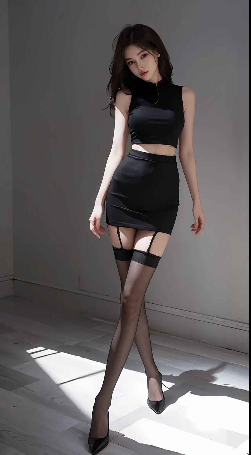 best qualtiy,Masterpiece level,Complicated details,High-precision graphics,Ultra HD quality,Detailed shadows,Fantastical Atmosphere,darkness's background,Shadow effect,Local light,A pure beautiful girl,Individual presentation,Delicate and detailed face and eyes,True skin fit,Black and white contrast scheme,High waist and slender leg line,Hip skirt with stockings,(A sleeveless T-shirt is a top,Full body presentation),With a bit of charm
