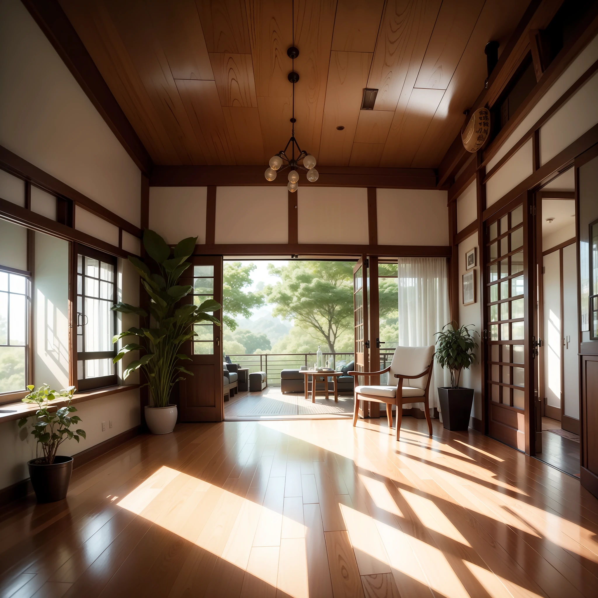 interior design、Insanely detailed wide-angle architectural photo、Cozy contemporary living room、(Bright and warm sunlight 1:0.1)、Award-winning contemporary interior design、landscapes、The table、a chair、in a house、Wooden flooring、window、resturant、east asian east asian architecture、sliding paper doors、abajour、architectural、the woods、naturey、cups、a plant、interior design、Insert lighting and shadows、depth of fields、low illuminance
