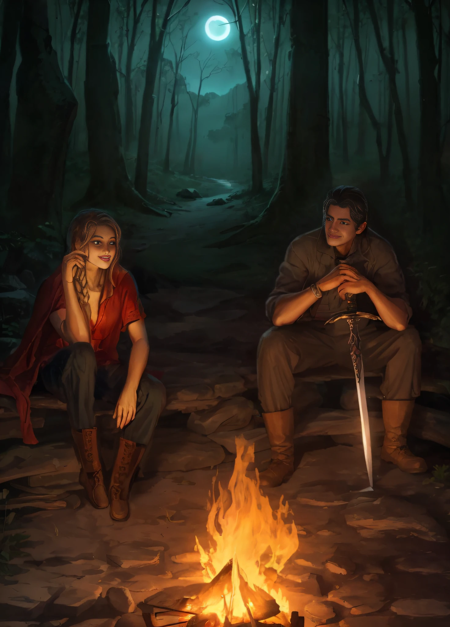 Two people sitting around a campfire in the forest, dnd in a dark forest, roleplaying game art, Edmund Blair and Charlie Bower, charlie bowater and artgeem, Charlie Bower and Mark Brooks, D & d Digital Painting, fantasy rpg book illustration, Abaddon and Magali Villeneuve, Charlie Bower and Tom Bagshaw