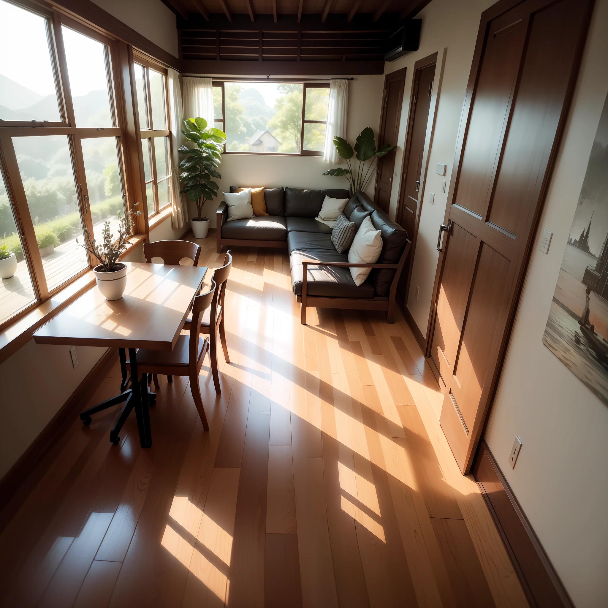 interior design、Insanely detailed wide-angle architectural photo、Cozy contemporary living room、(Bright and warm sunlight 1:0.1)、Award-winning contemporary interior design、landscapes、The table、a chair、in a house、Wooden flooring、window、resturant、east asian east asian architecture、sliding paper doors、abajour、architectural、the woods、naturey、cups、a plant、interior design、Insert lighting and shadows、depth of fields、low illuminance