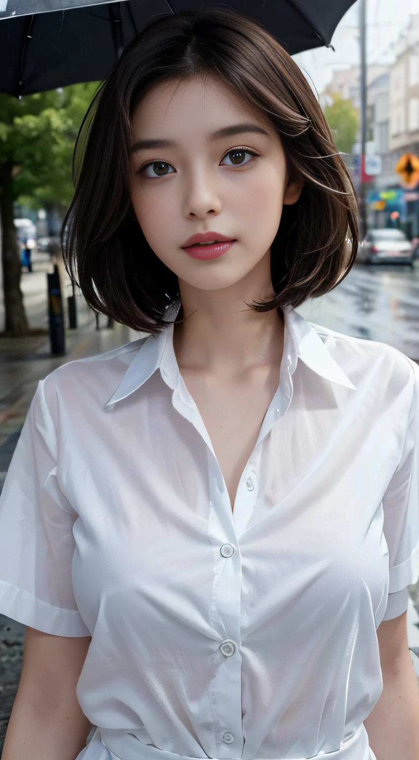 ((Best Quality, 8K, Masterpiece: 1.3)), Sharp: 1.2, Perfect Body Beauty: 1.4, Slim Abs: 1.2, ((Layered Hairstyle, Big Breasts: 1.2)), (Wet White Button Long Shirt: 1.1), (Rain, Street: 1.2), Wet: 1.5, Highly Detailed Face and Skin Texture, Detailed Eyes, Double Eyelids, Looking at the Camera