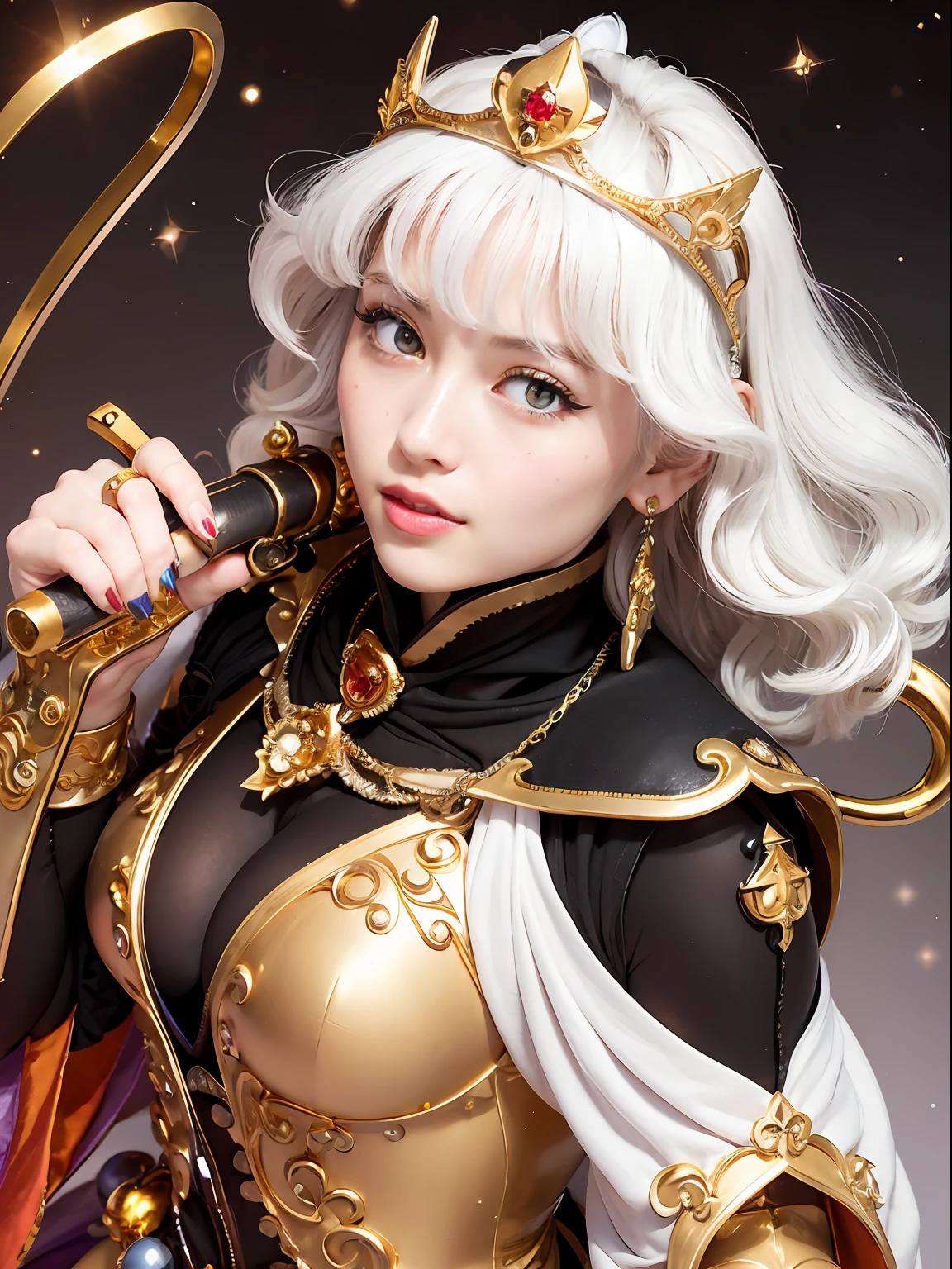 (masutepiece), Professional , ​masterpiece、top-quality、photos realistic , depth of fields （Gemstone Silver Metal Body:1.９),(Matte White、Jewel Gold Weapon（Jewel Metal Body:1.４),Gorgeous metal weapons , Detailed Sword of the Brave , Beautiful knife   ,warhammer 40k , adepta sororitas,(Background of the army of monsters),Detail and ornate jewel crown、Black hair、Gangle's forest background、Beautiful Caucasian beauty、１a person、dynamic ungle,(((Detailed and ornate diamond crown)))、Smaller head、A smile、Take a sexy pose、Background inside the castle、Thin and beautiful female hands、