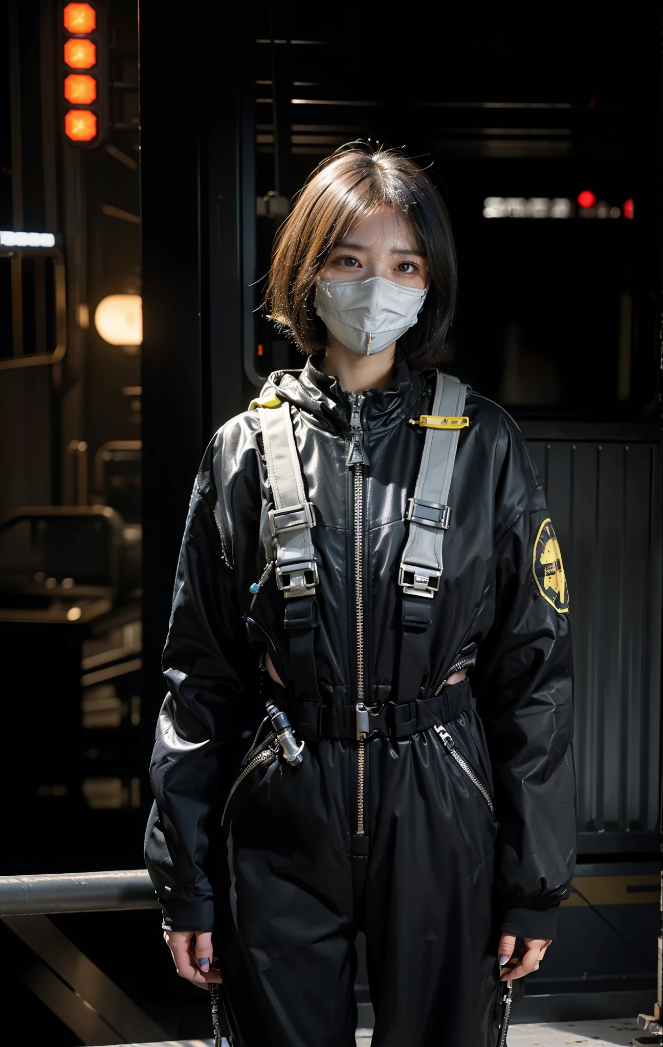 Highest image quality, outstanding details, ultra-high resolution, (realism: 1.4), ((cowboy shot)), the best illustration, favor details, highly condensed 1girl, (cyberpunk, cyborg), a delicate and beautiful face, (short hair), (wearing baggy spacesuit with ring-helmet-disconnecter, attached black and gray mecha, yellow pipes and codes, flanges on spacesuit), (cyberpunk mask), (mark radioactivity-hazard-symbol), ((revealed only head)), ((sorrow)), nobody rocket-launcher platform
