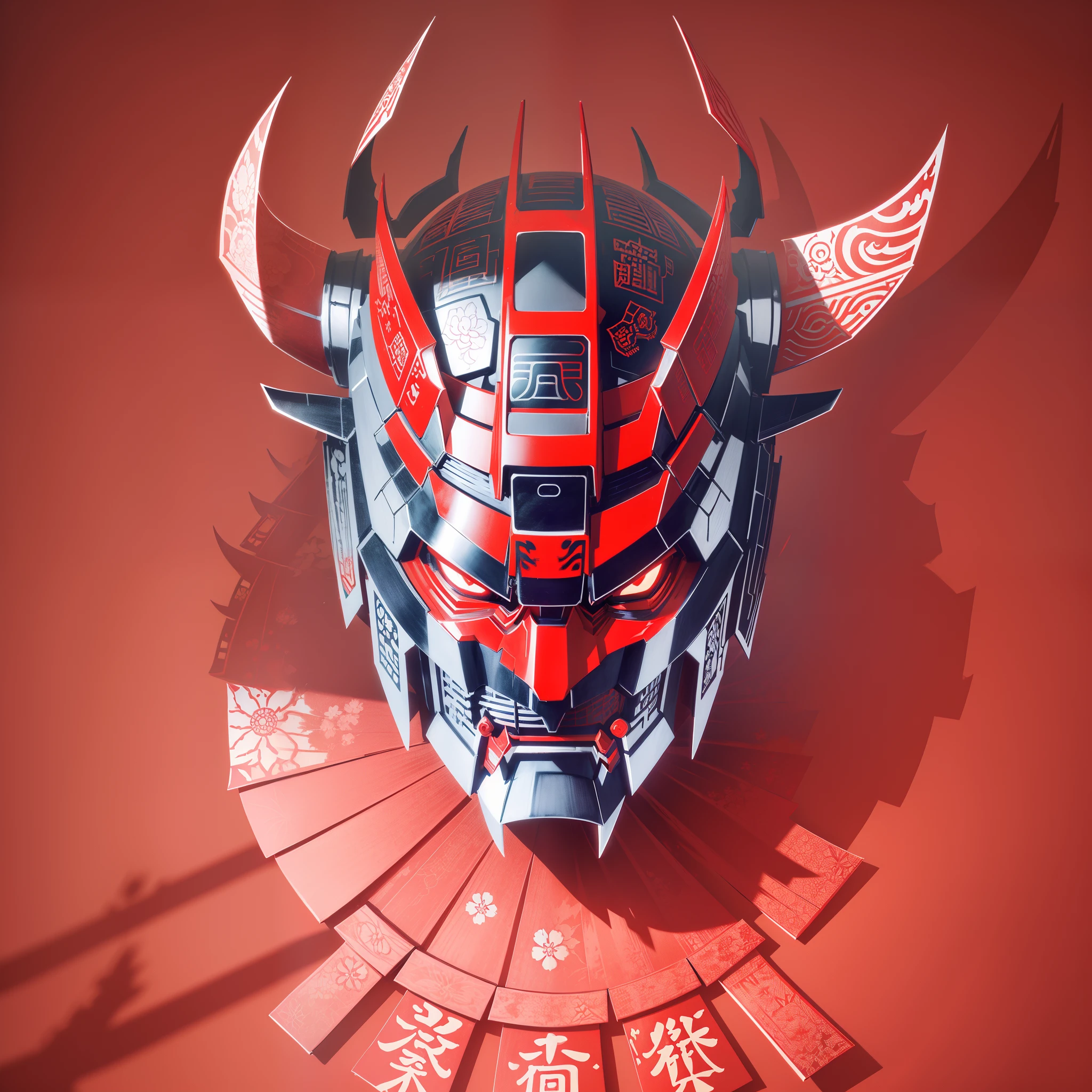 Optimus Prime ((Oni Hannya samurai mask with Kabuto's ancient samurai helmet)))), (((Masterpiece))), Best Quality, ((The Japanese art of paper cutting by Kirigami)), ((Japanese Paper Cutting)), ((Complex paper cutting from multiple layers of paper)), ((Each layer of paper with shadows)), Red Background Paper, One color on each layer of paper, frontal, (symmetrical detailed Japanese samurai tamon mask),  Face Forms