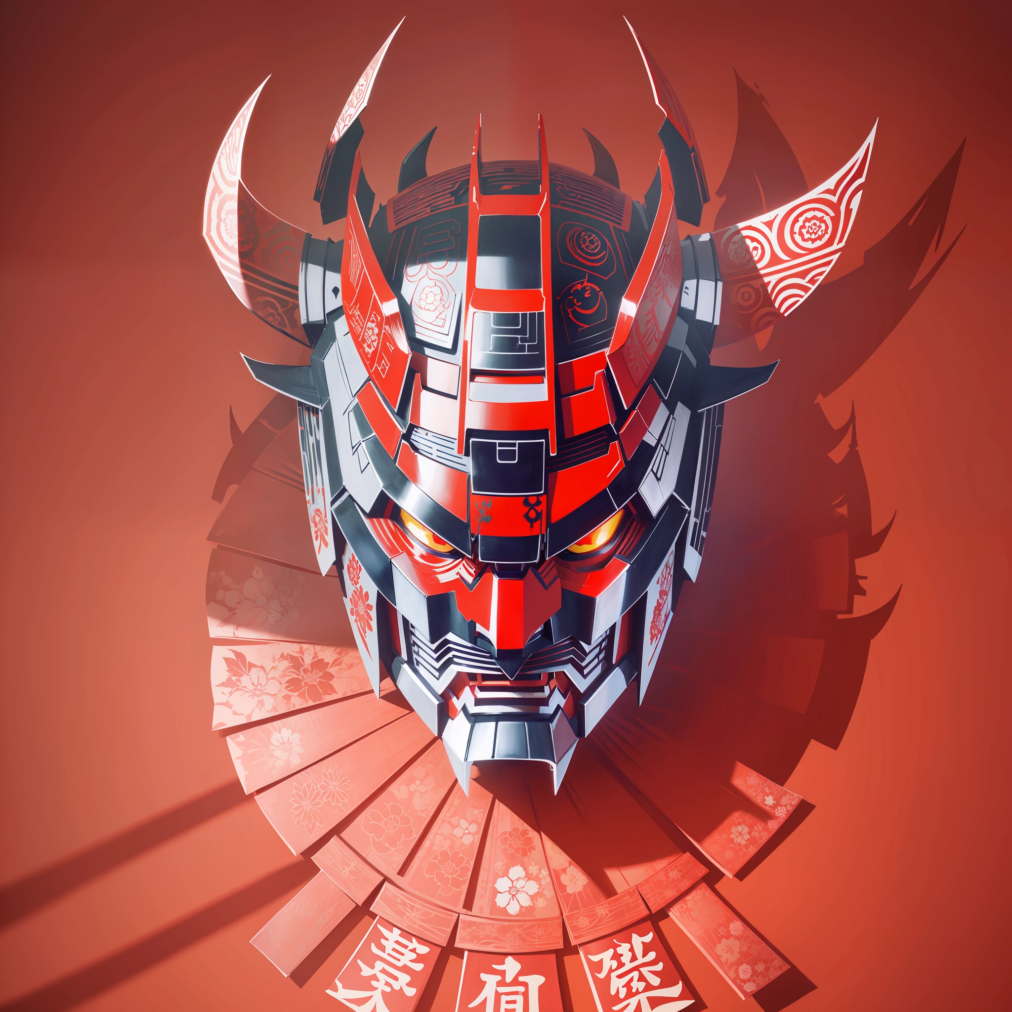 Optimus Prime ((Oni Hannya samurai mask with Kabuto's ancient samurai helmet)))), (((Masterpiece))), Best Quality, ((The Japanese art of paper cutting by Kirigami)), ((Japanese Paper Cutting)), ((Complex paper cutting from multiple layers of paper)), ((Each layer of paper with shadows)), Red Background Paper, One color on each layer of paper, frontal, (symmetrical detailed Japanese samurai tamon mask),  Face Forms