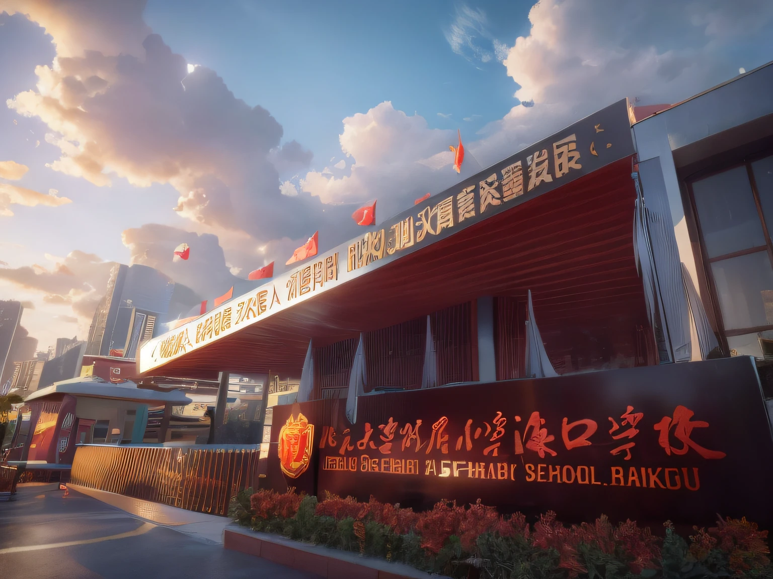 Alafard sign in front of a building with a red flag, shaxi, 8K)), University, school, Li Zixin, Lu Ji, magic uniform university, private academy entrance, 🕹️ 😎 🔫 🤖 🚬, private school, baotou china, 8 k'', image, Cai Xukun, high quality image”, 4 0 9 6